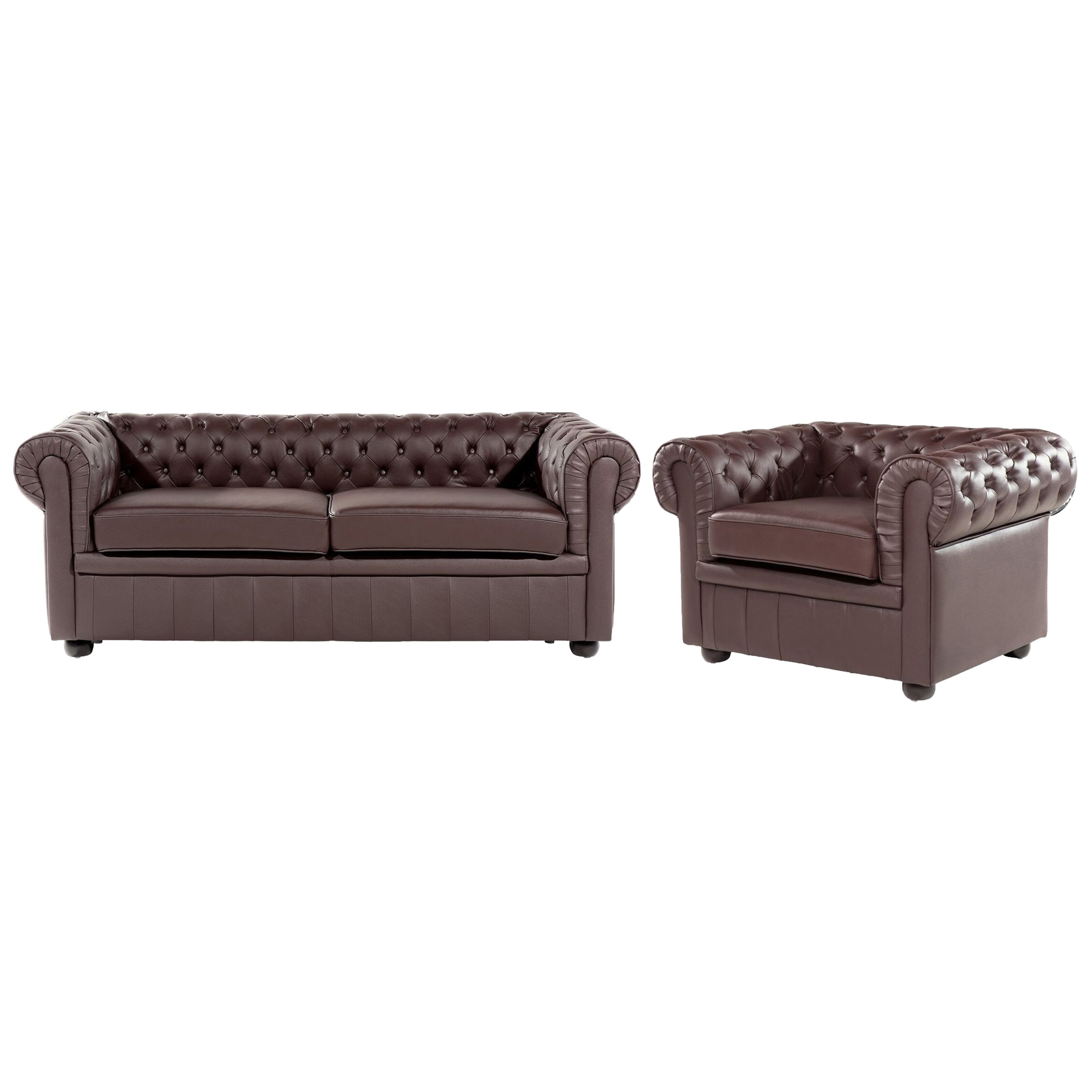 Beliani Chesterfield Living Room Set Brown Leather Upholstery Dark Wood Legs 3 Seater Sofa + Armchair Contemporary