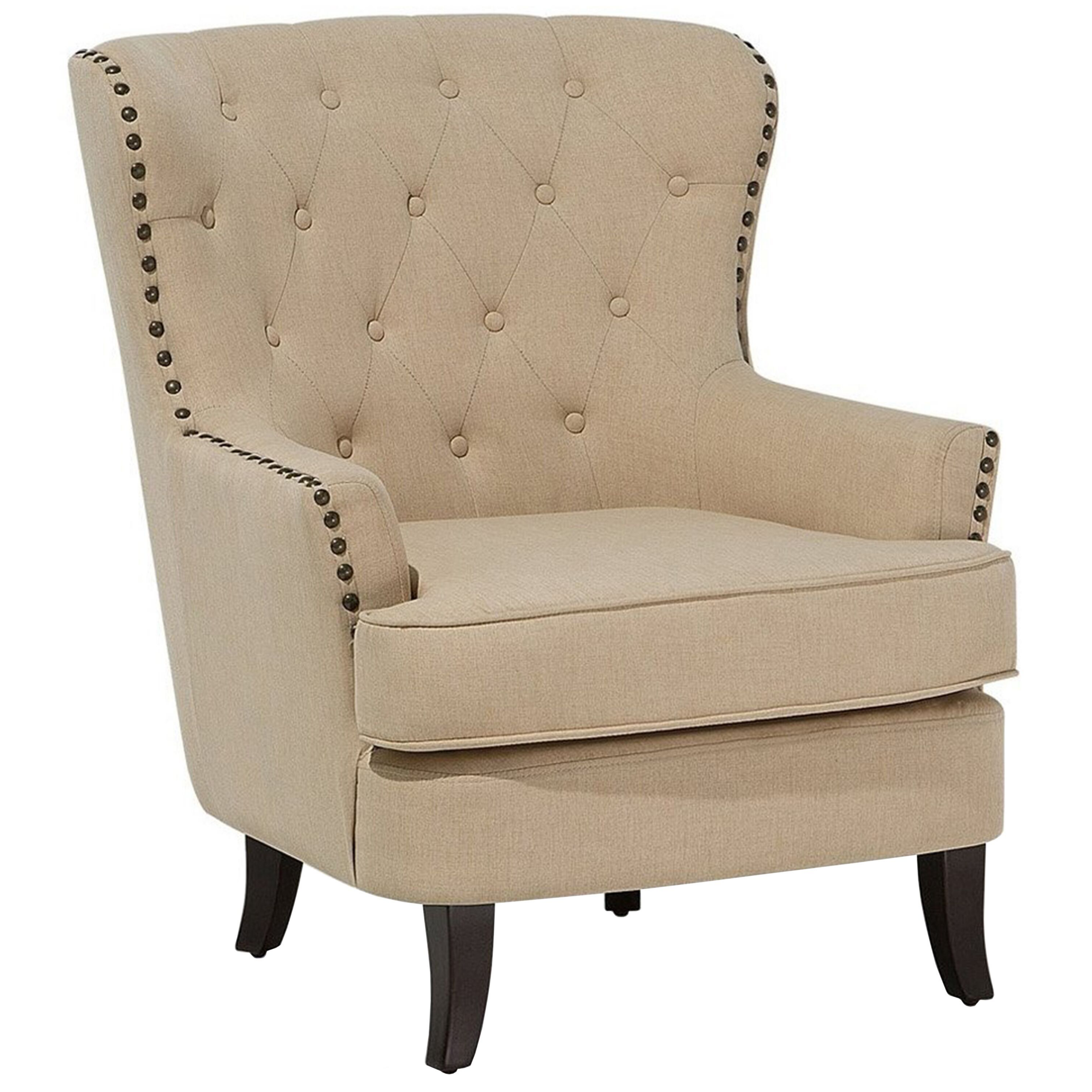 Beliani Armchair Wingback Chair Beige Button Tufted Back Black Legs Nailhead Trim Elegant Chesterfield Style Living Room