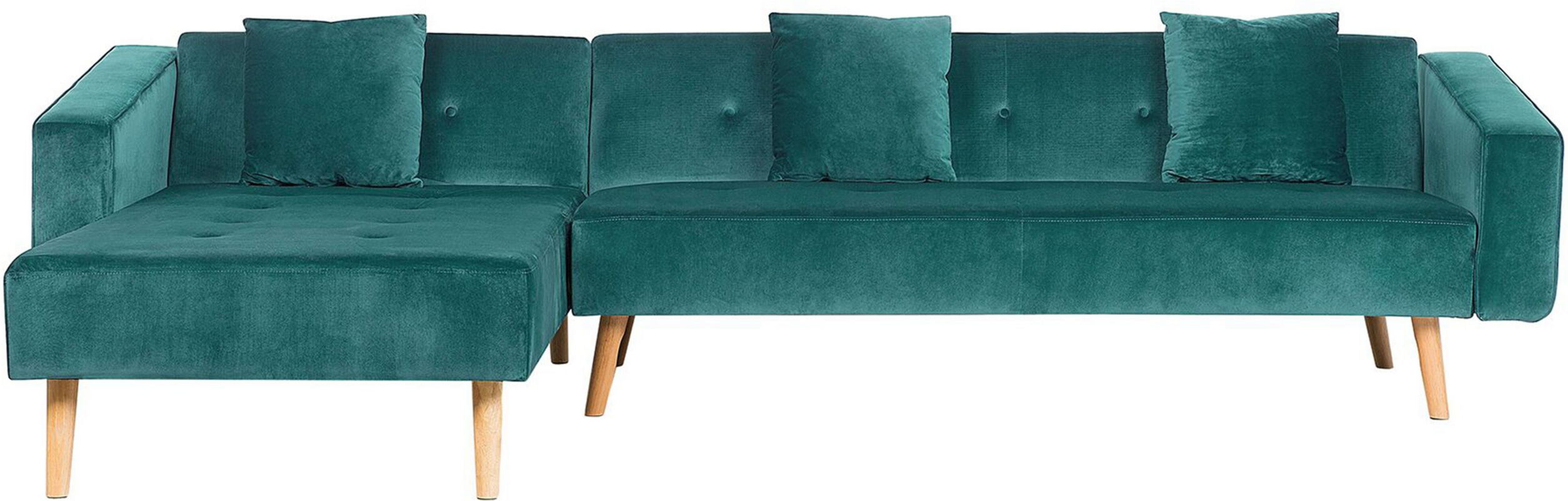 Beliani Corner Sofa Bed with 3 Pillows Green Velvet Upholsery Light Wood Legs Reclining Right Hand Chaise Longue 4 Seater