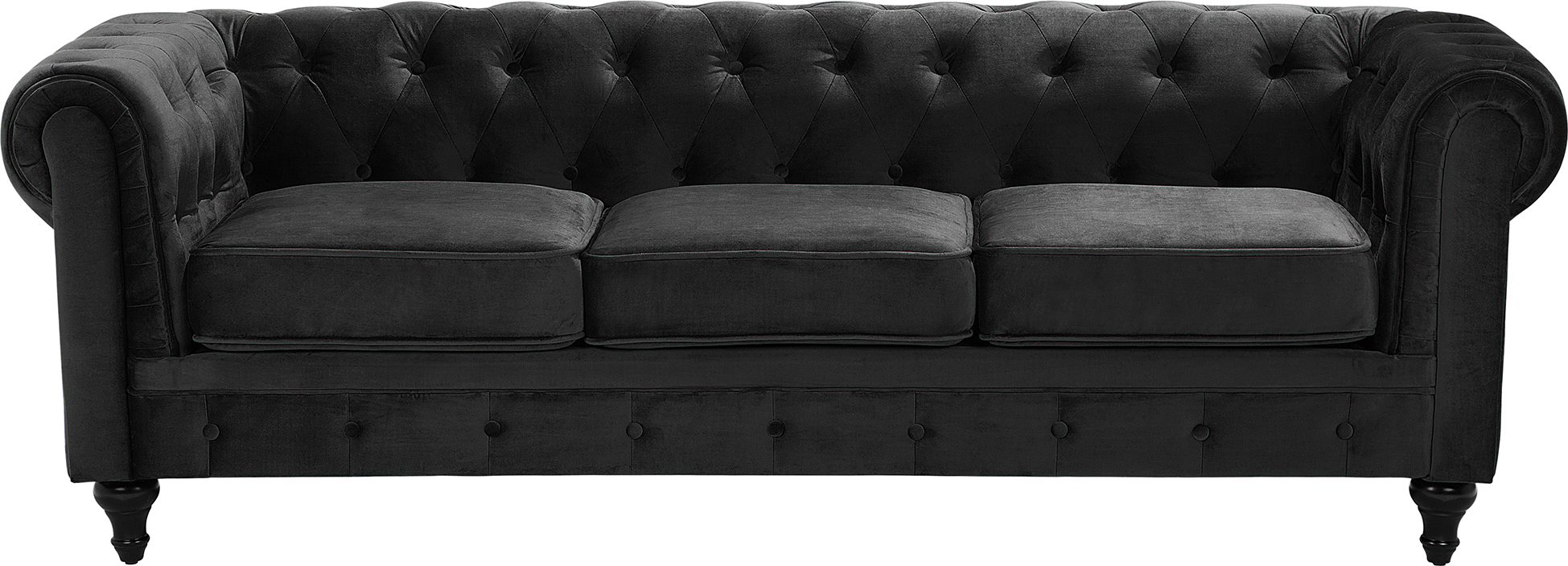 Beliani Chesterfield Sofa Black Velvet Fabric Upholstery Dark Wood Legs 3 Seater Contemporary