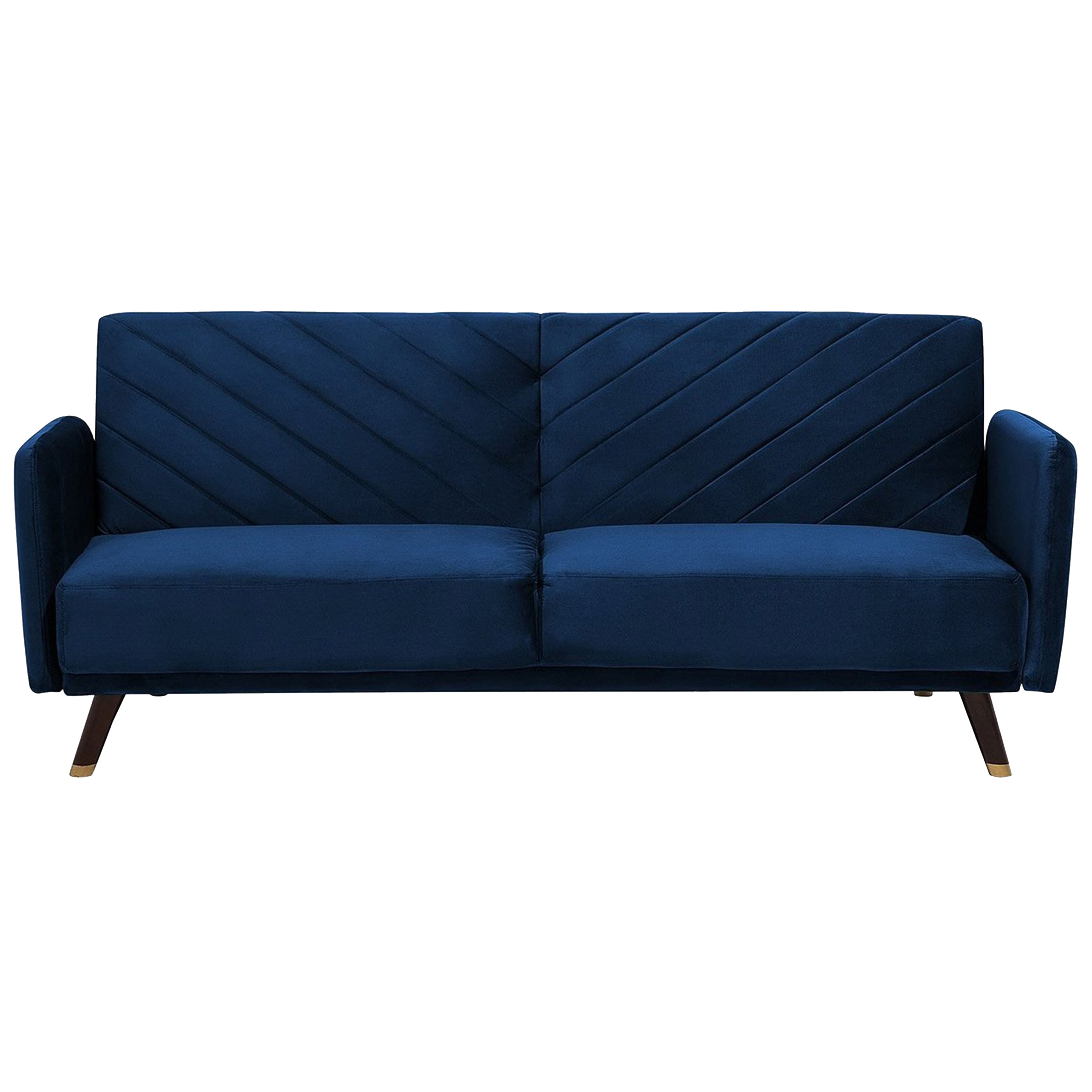 Beliani Sofa Bed Navy Blue Velvet Fabric Modern Living Room 3 Seater Wooden Legs Track Arm