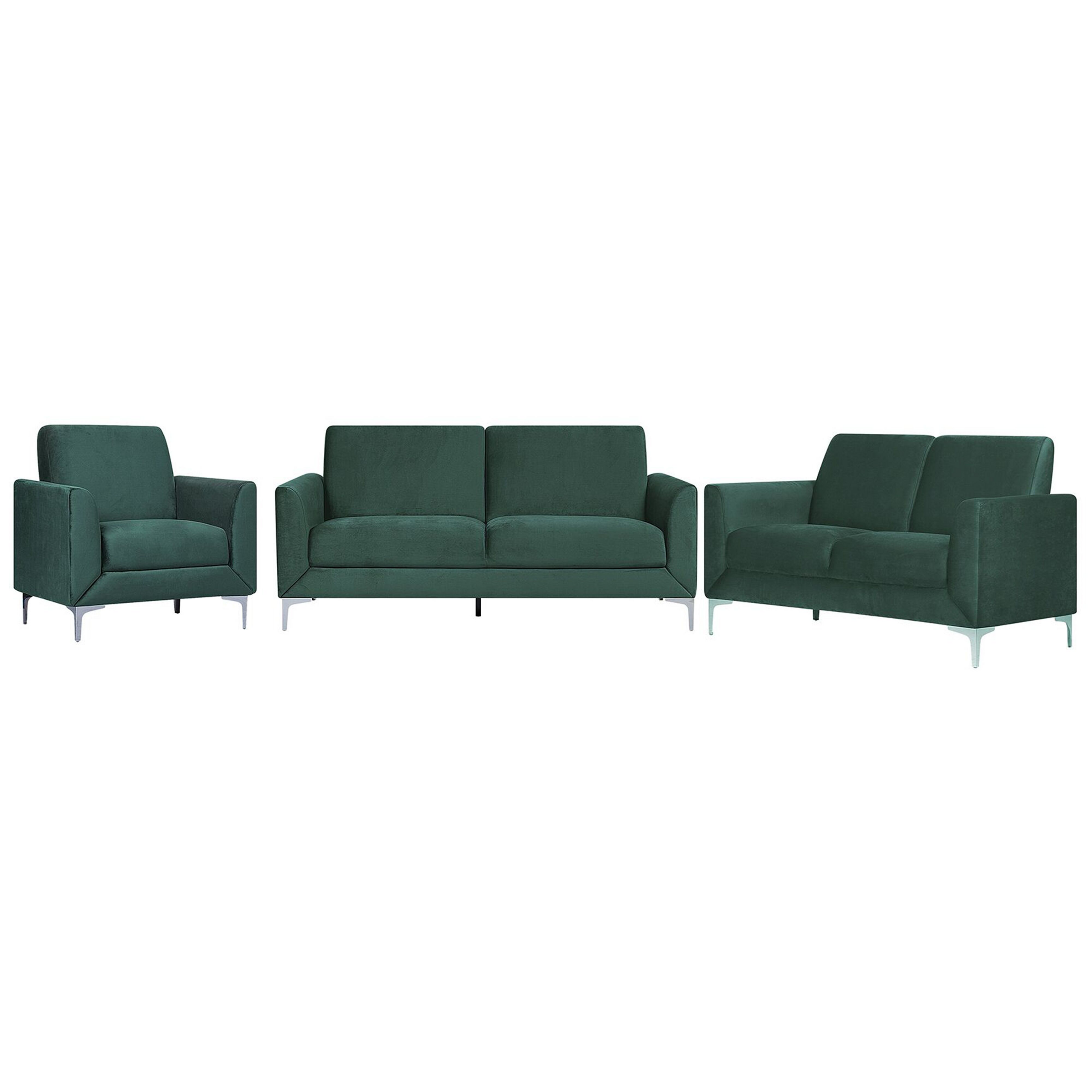 Beliani Sofa Set Green Velvet Upholstery 3 + 2 + 1 Seater Glam