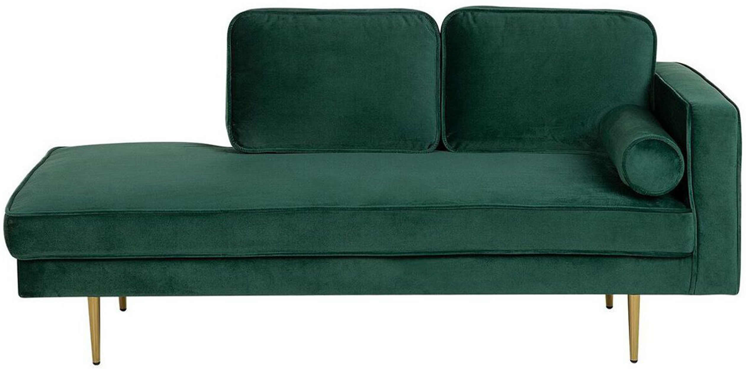 Beliani Chaise Lounge Emerald Green Velvet Upholstered Right Hand Orientation Metal Legs Bolster Pillow Modern Design