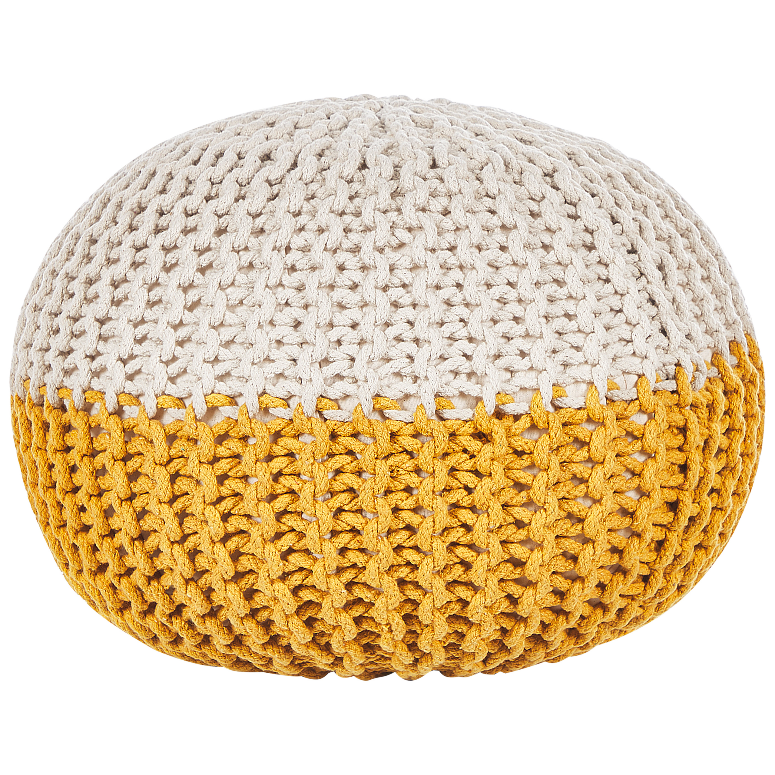 Beliani Pouf Ottoman Yellow Beige Knitted Cotton EPS Beads Filling Round Small Footstool 50 x 35 cm