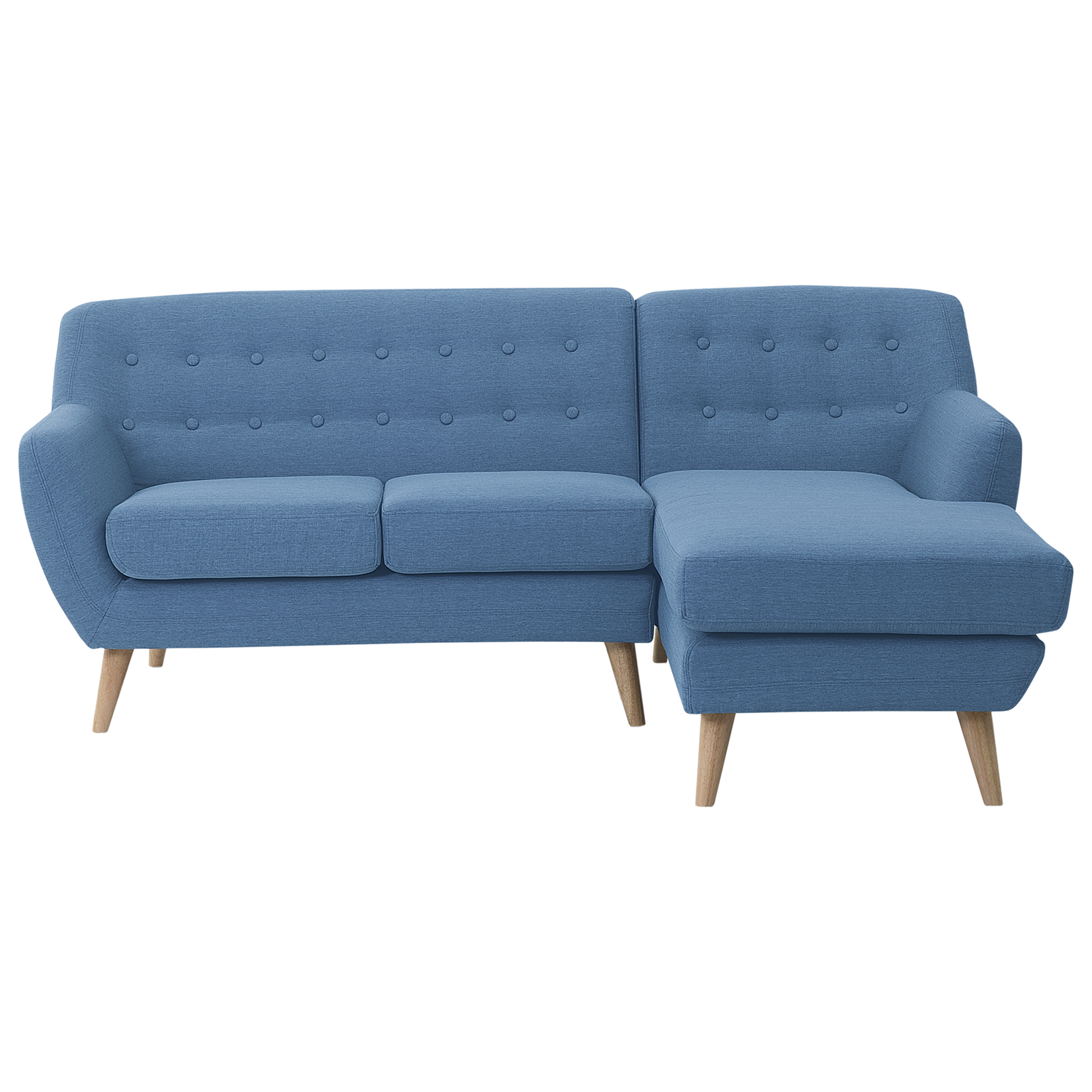 Beliani Corner Sofa Blue Upholstered Tufted Back Thickly Padded Chaise Longue Light Wood Legs Scandinavian Minimalist Living Room