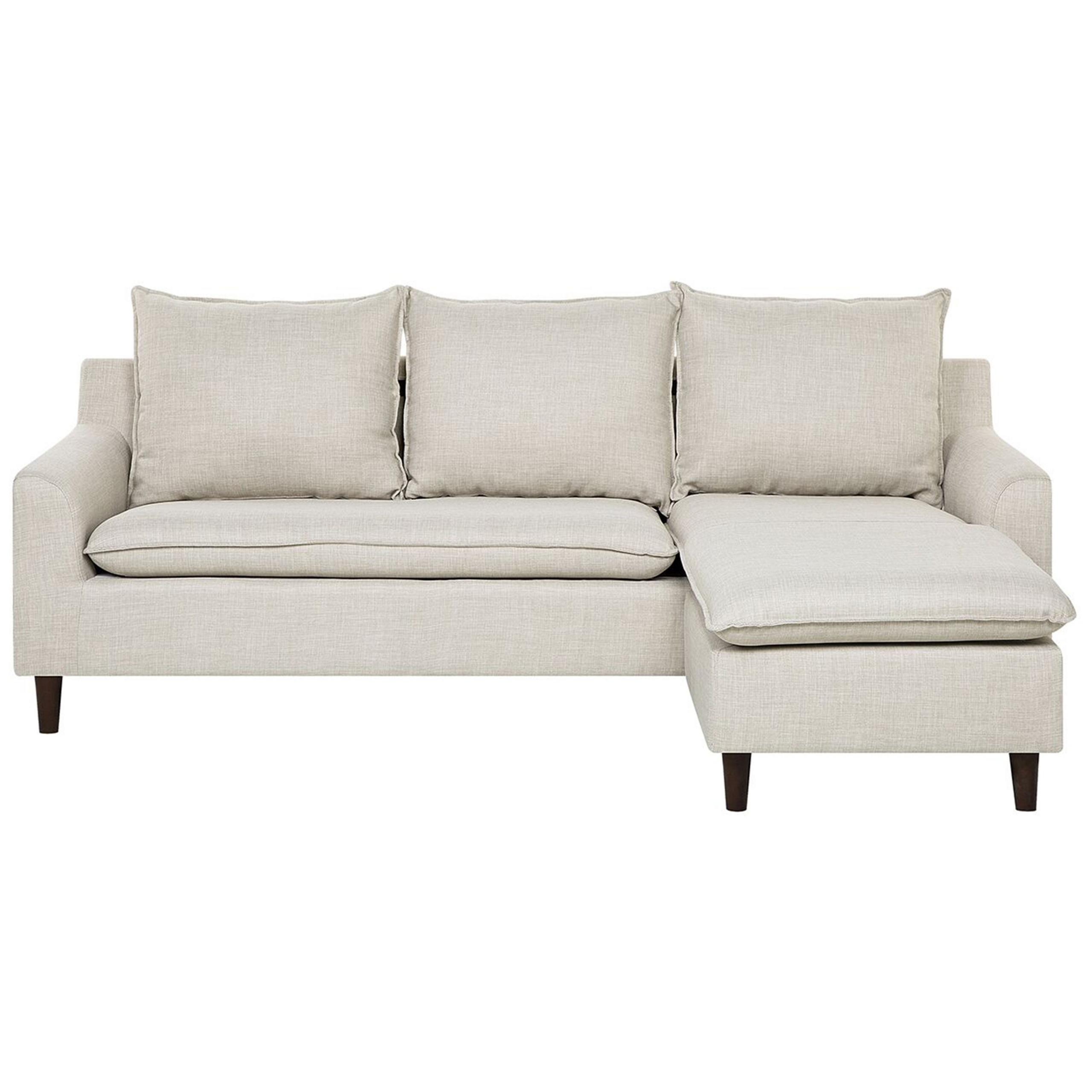 Beliani Corner Sofa Dark Beige Fabric Upholsery Dark Wood Legs Left Hand Chaise Longue 3 Seater Pillow Back