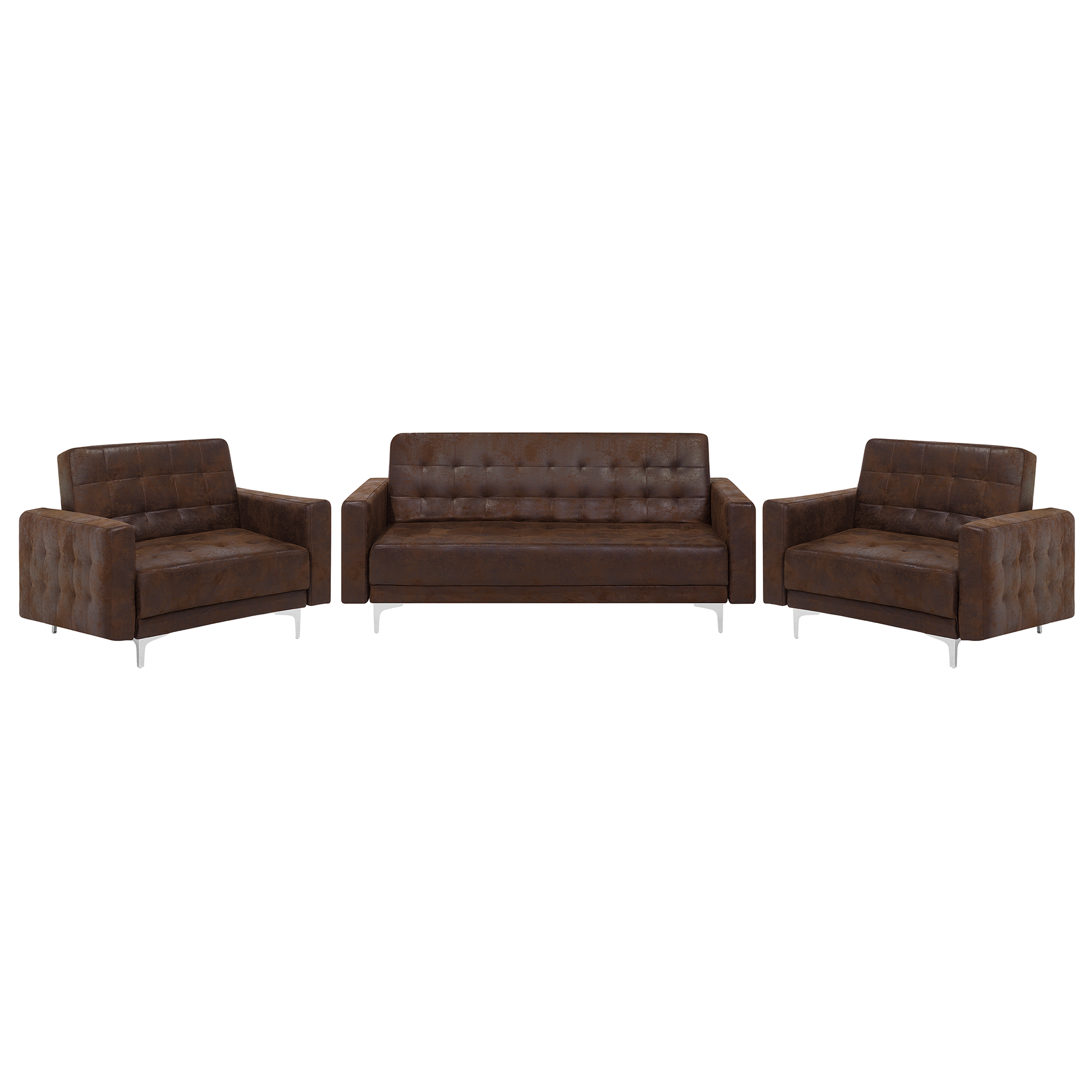 Beliani Living Room Set Brown Faux Leather Tufted 3 Seater Sofa Bed 2 Reclining Armchairs Modern 3-Piece Suite