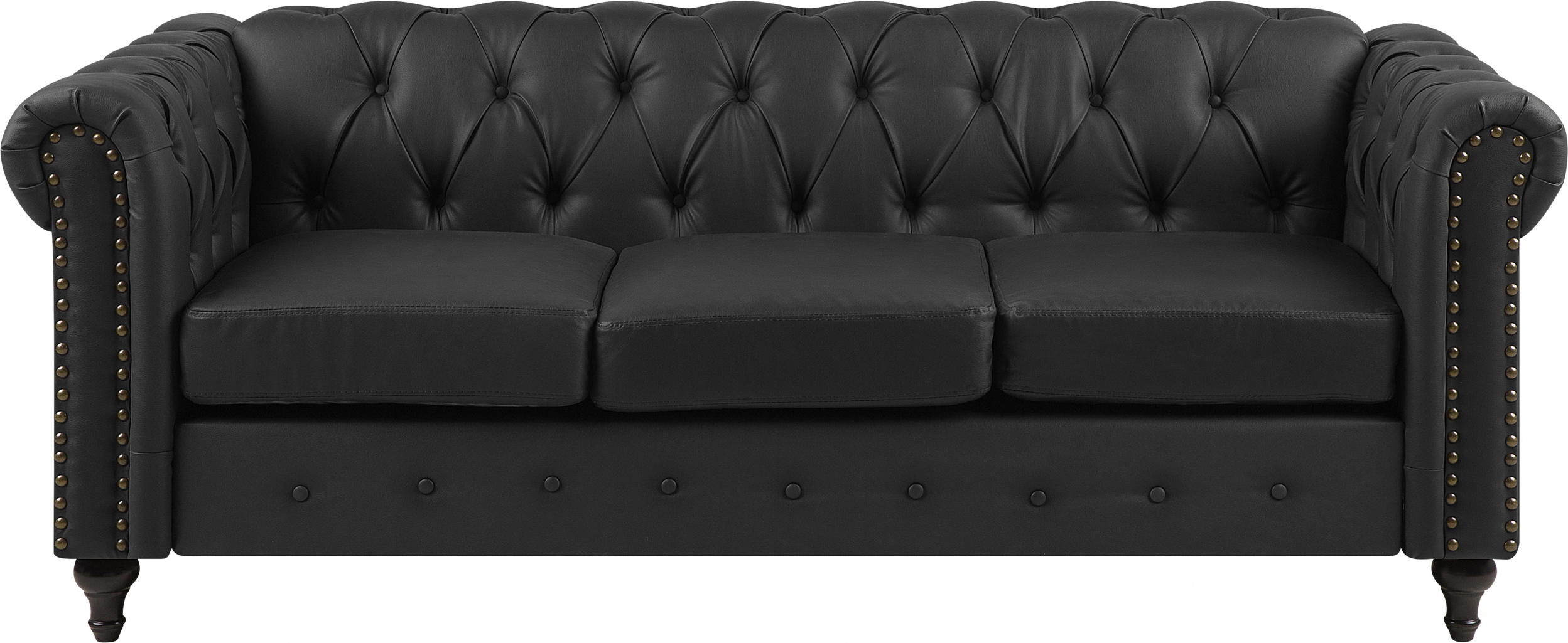 Beliani Chesterfield Sofa Black Faux Leather Upholstery Dark Wood Legs 3 Seater Nailhead Trim Contemporary