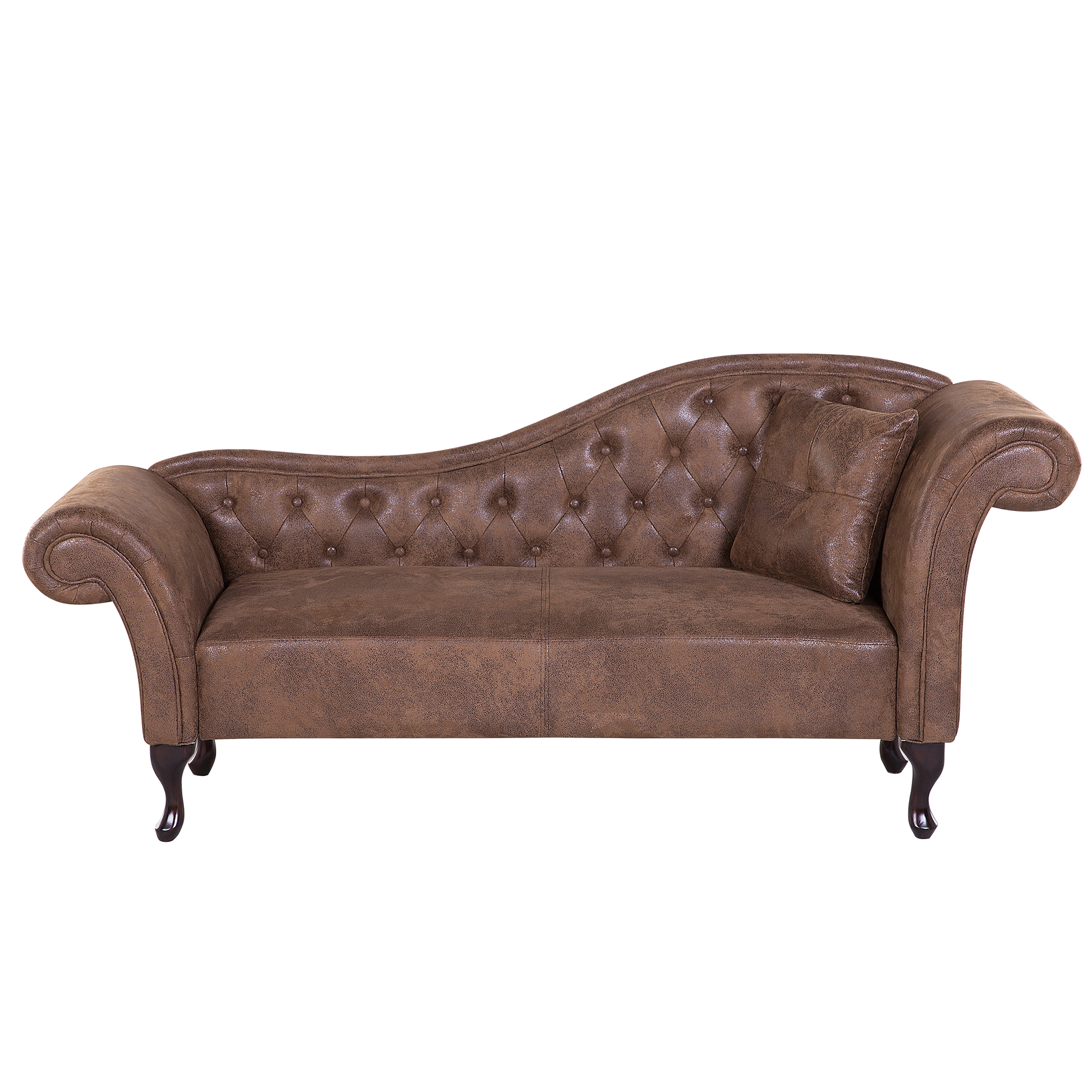 Beliani Chaise Lounge Brown Faux Suede Button Tufted Upholstery Right Hand Rolled Arms with Cushion
