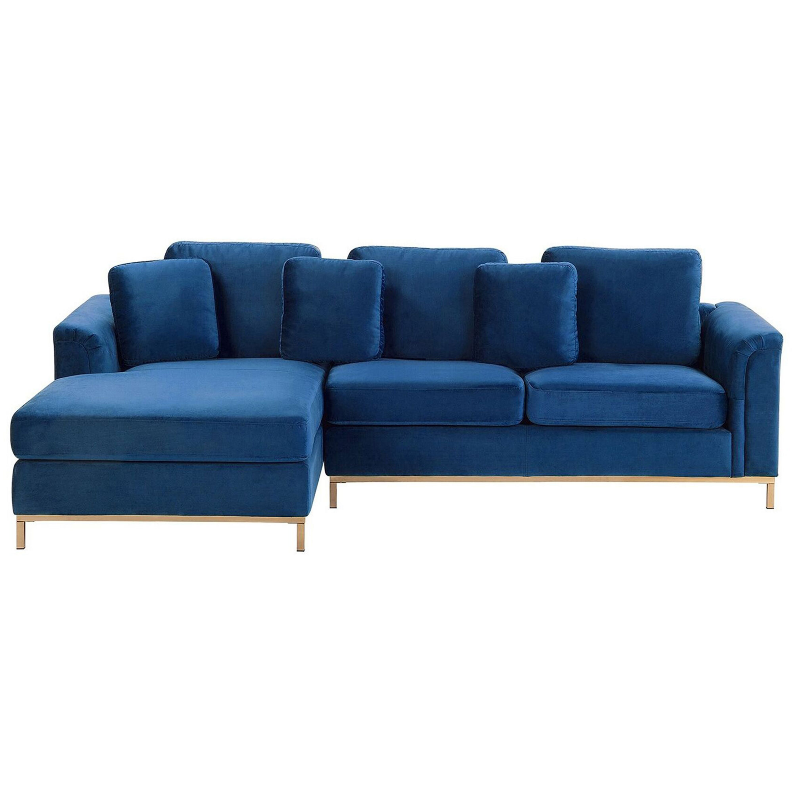 Beliani Corner Sofa Blue Velvet Upholstered L-shaped Right Hand Orientation