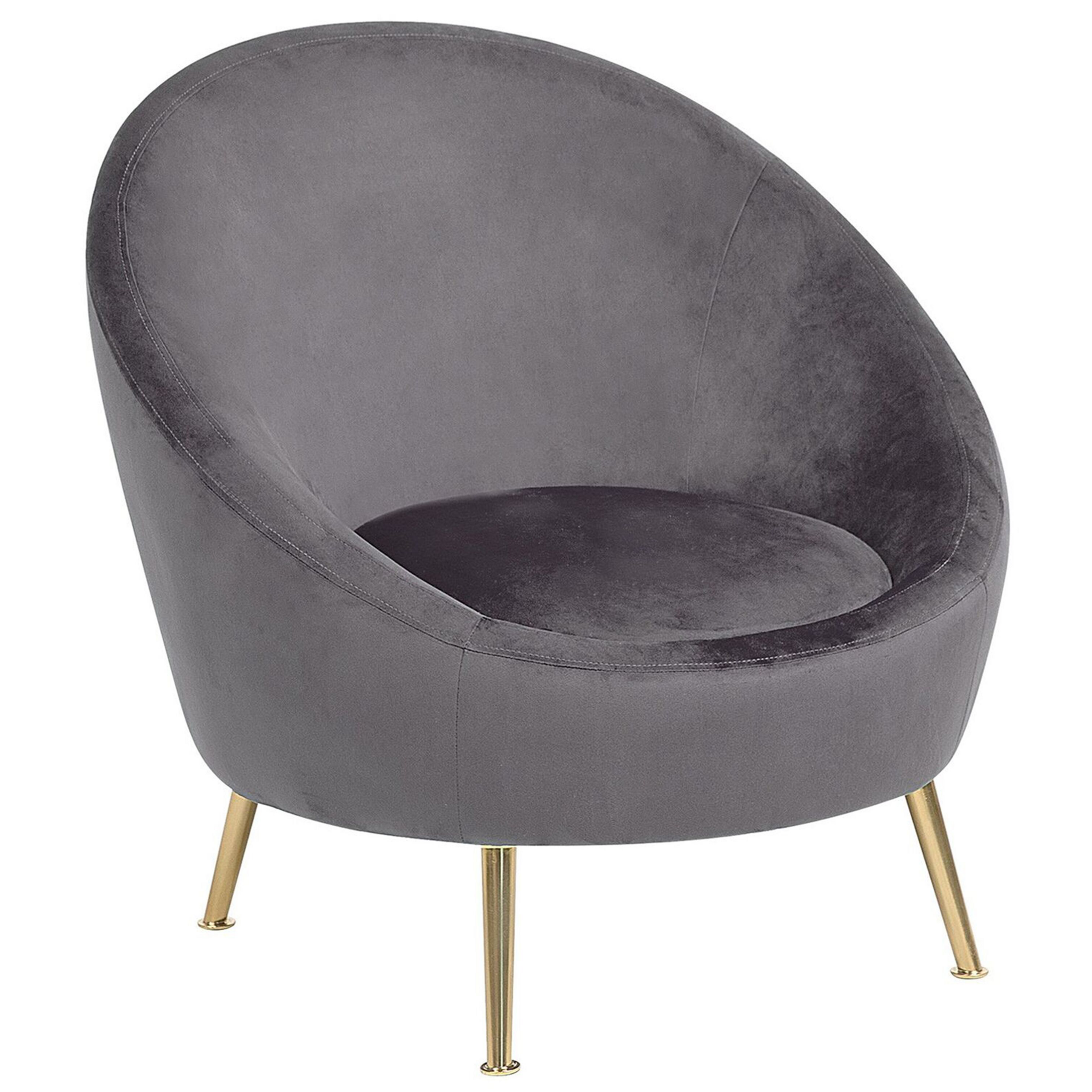 Beliani Tub Chair Grey Velvet 76L x 80W x 81H cm Accent Gold Legs Glam Retro