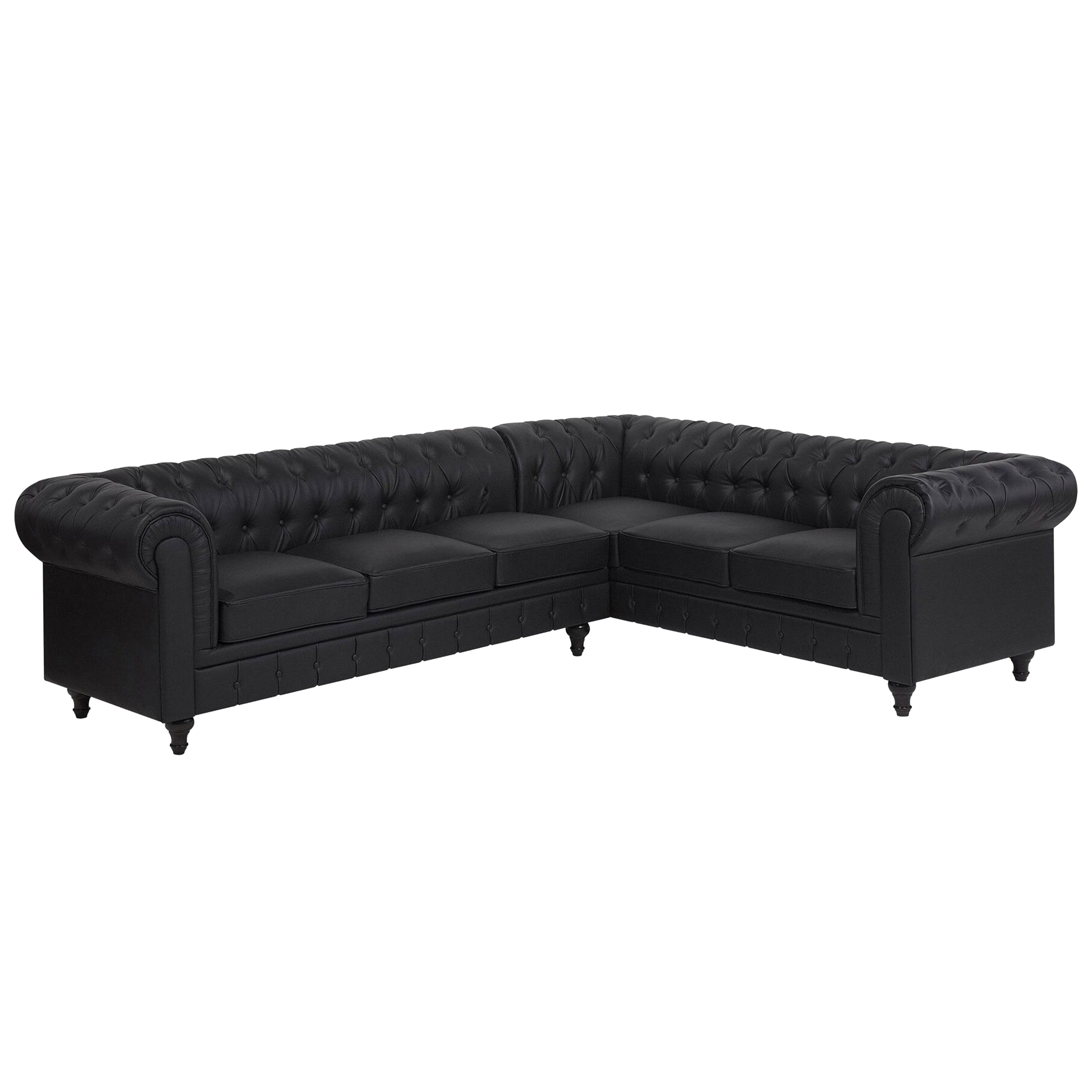 Beliani Chesterfield Left Hand Corner Sofa Black Faux Leather Upholstery Dark Wood Legs Chaise 6 Seater Contemporary