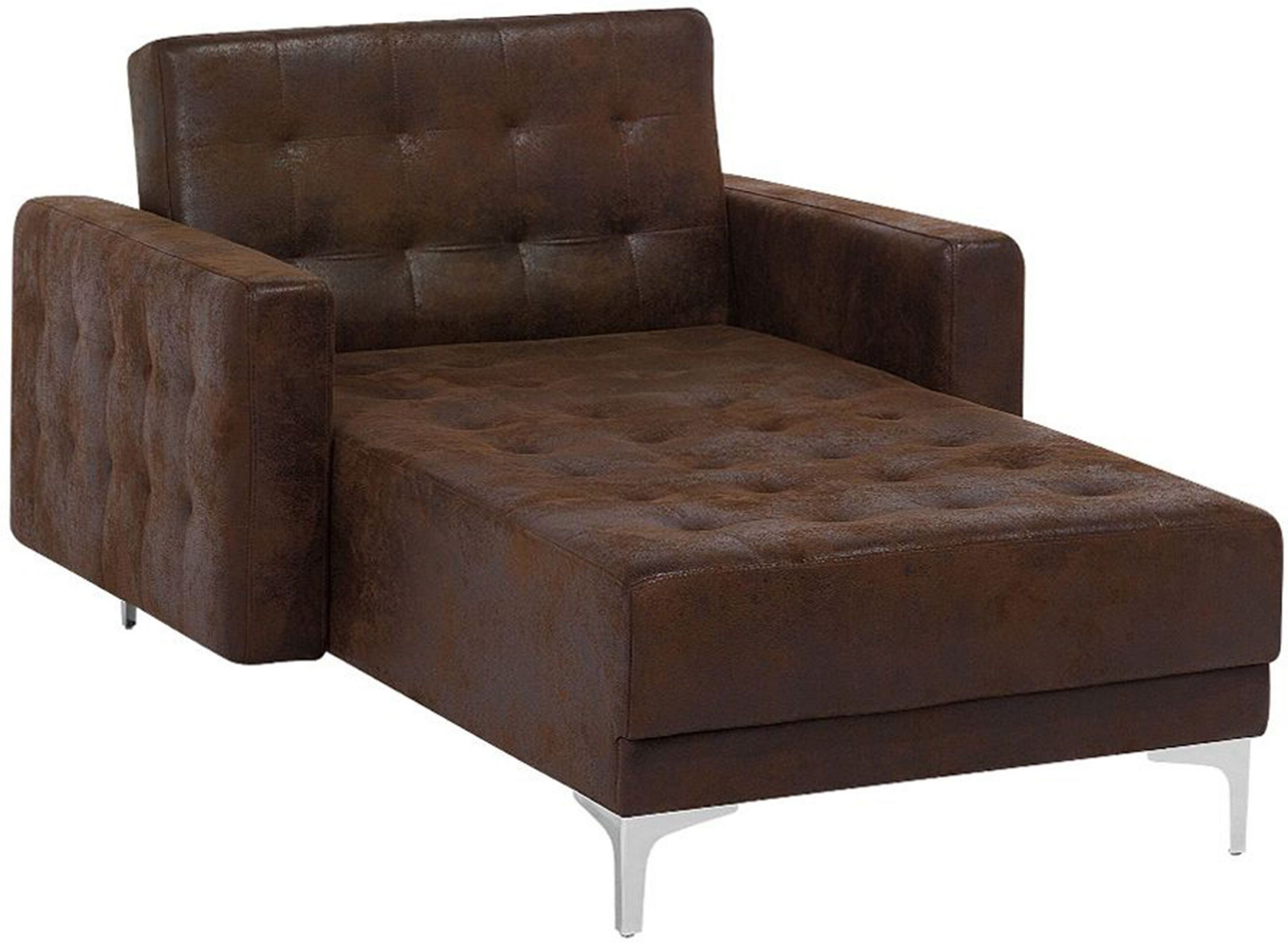 Beliani Chaise Lounge Brown Faux Leather Tufted Modern Living Room Reclining Day Bed Silver Legs Track Arms