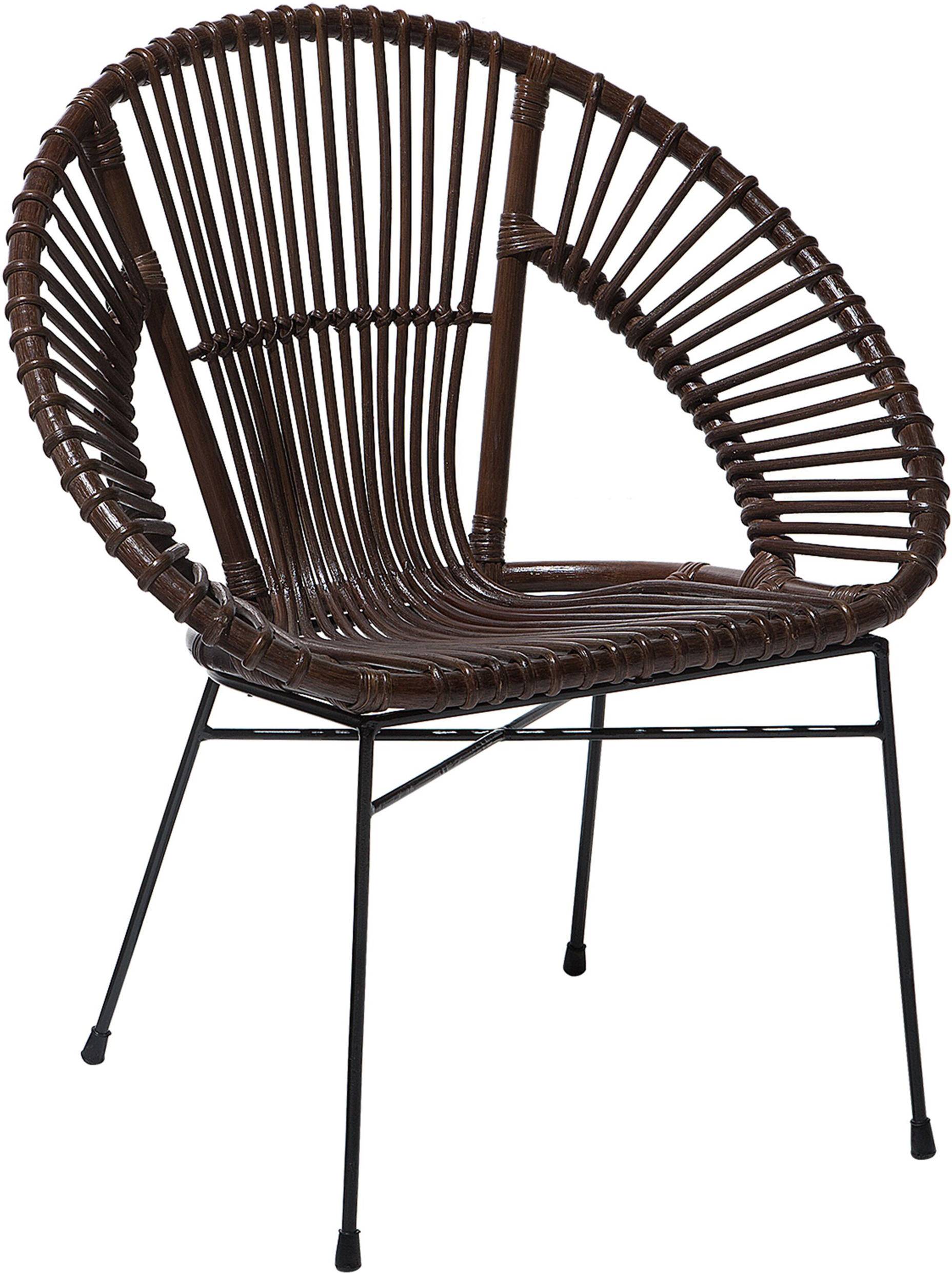 Beliani Rattan Armchair Brown Wicker Black Metal Legs Papasan Living Dining Room