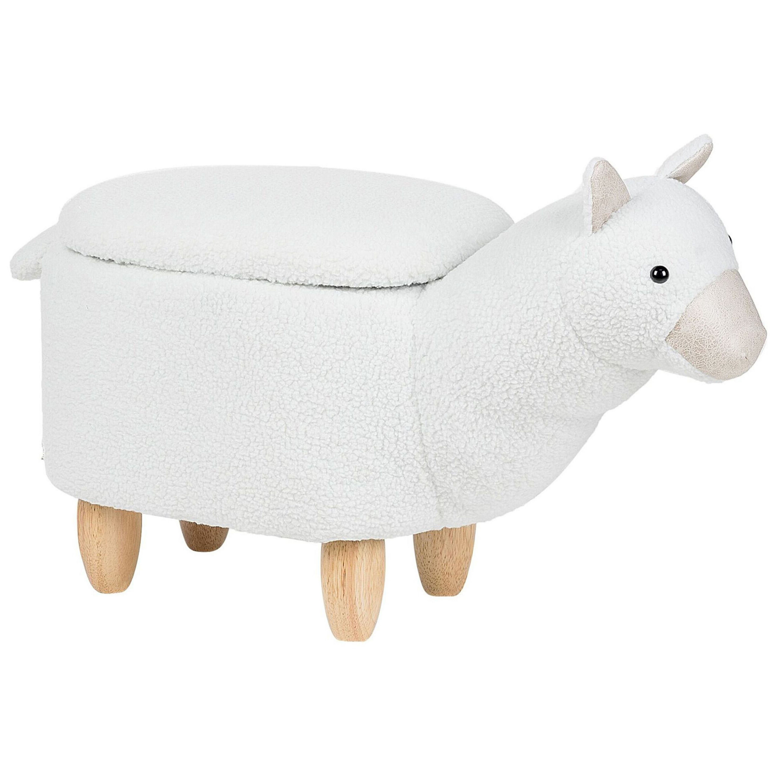 Beliani Animal Alpaca Children Stool White Polyester Fabric Upholstered Wooden Legs Storage Function Nursery Footstool