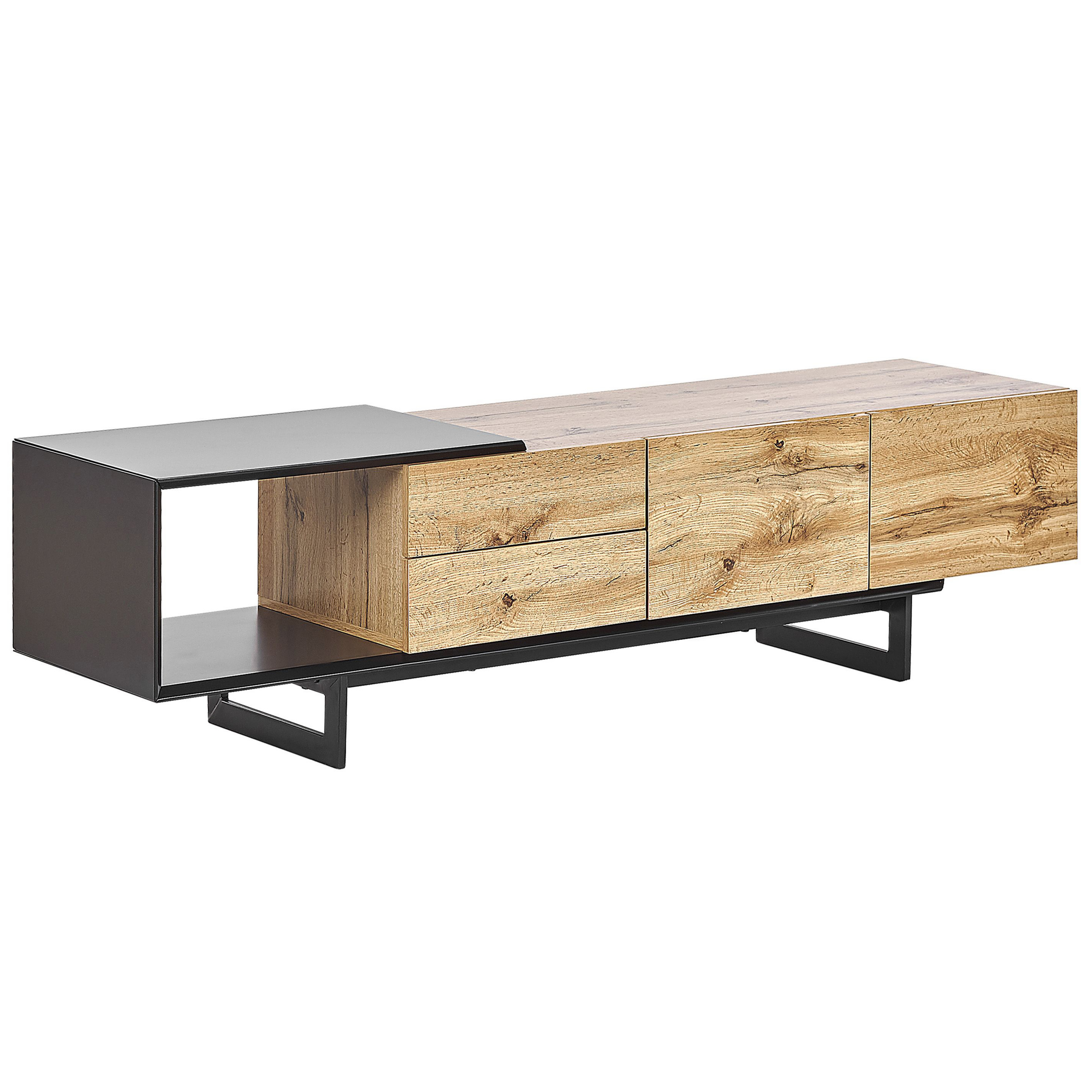 Beliani TV Stand Light Wood and Black MDF 160 cm Up To 70ʺ Drawers Shelves Modern Design