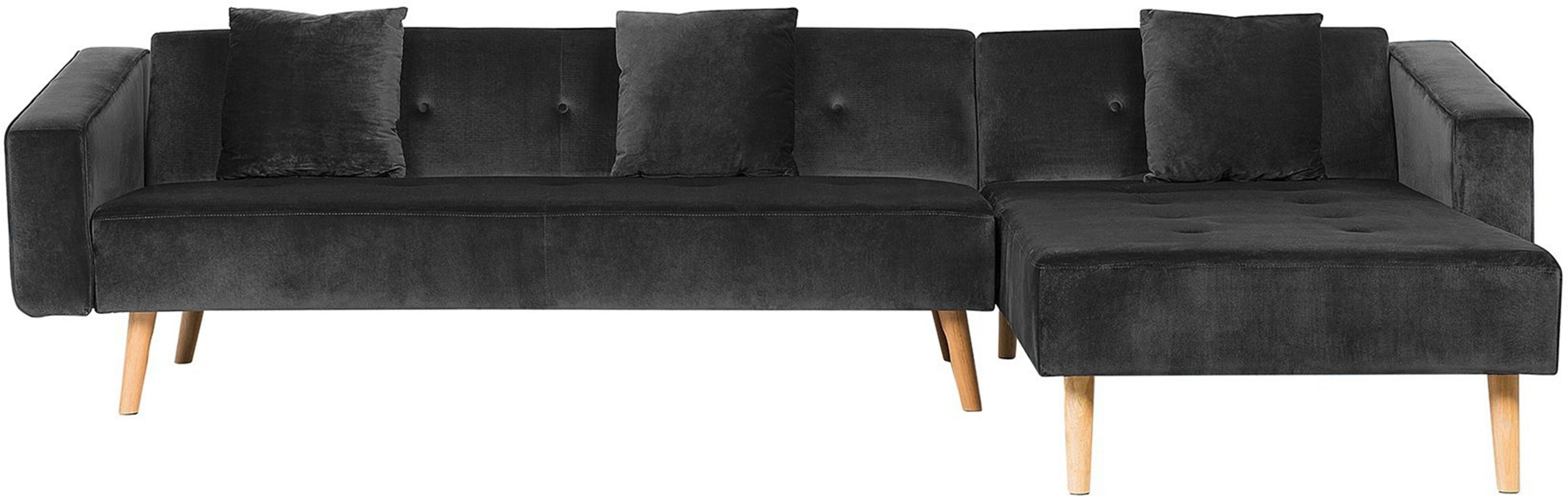 Beliani Corner Sofa Bed with 3 Pillows Black Velvet Upholsery Light Wood Legs Reclining Left Hand Chaise Longue 4 Seater