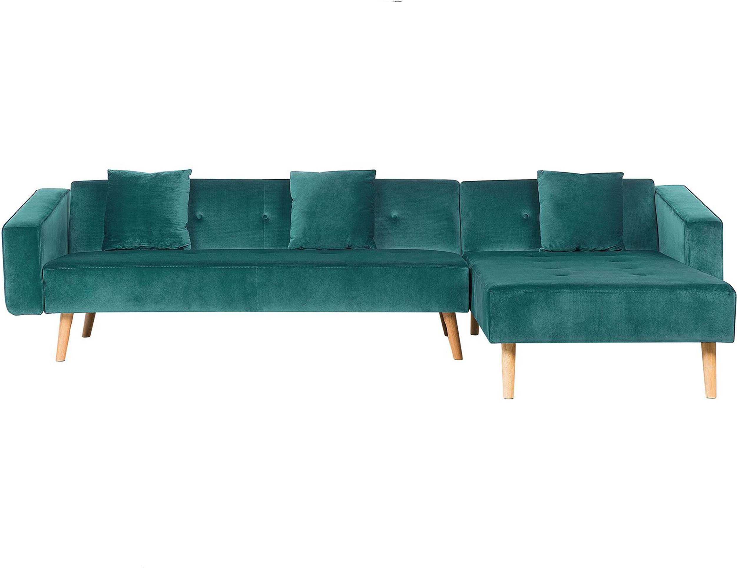 Beliani Corner Sofa Bed with 3 Pillows Green Velvet Upholsery Light Wood Legs Reclining Left Hand Chaise Longue 4 Seater