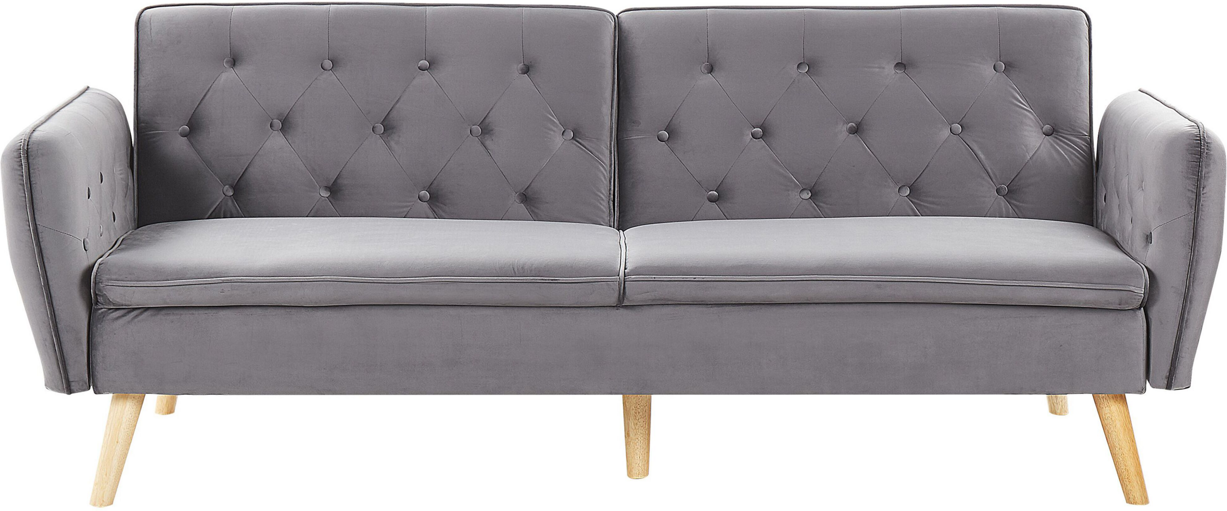 Beliani Sofa Bed Grey Velvet Upholstered Convertible Couch Modern Design Buttoned Backrest