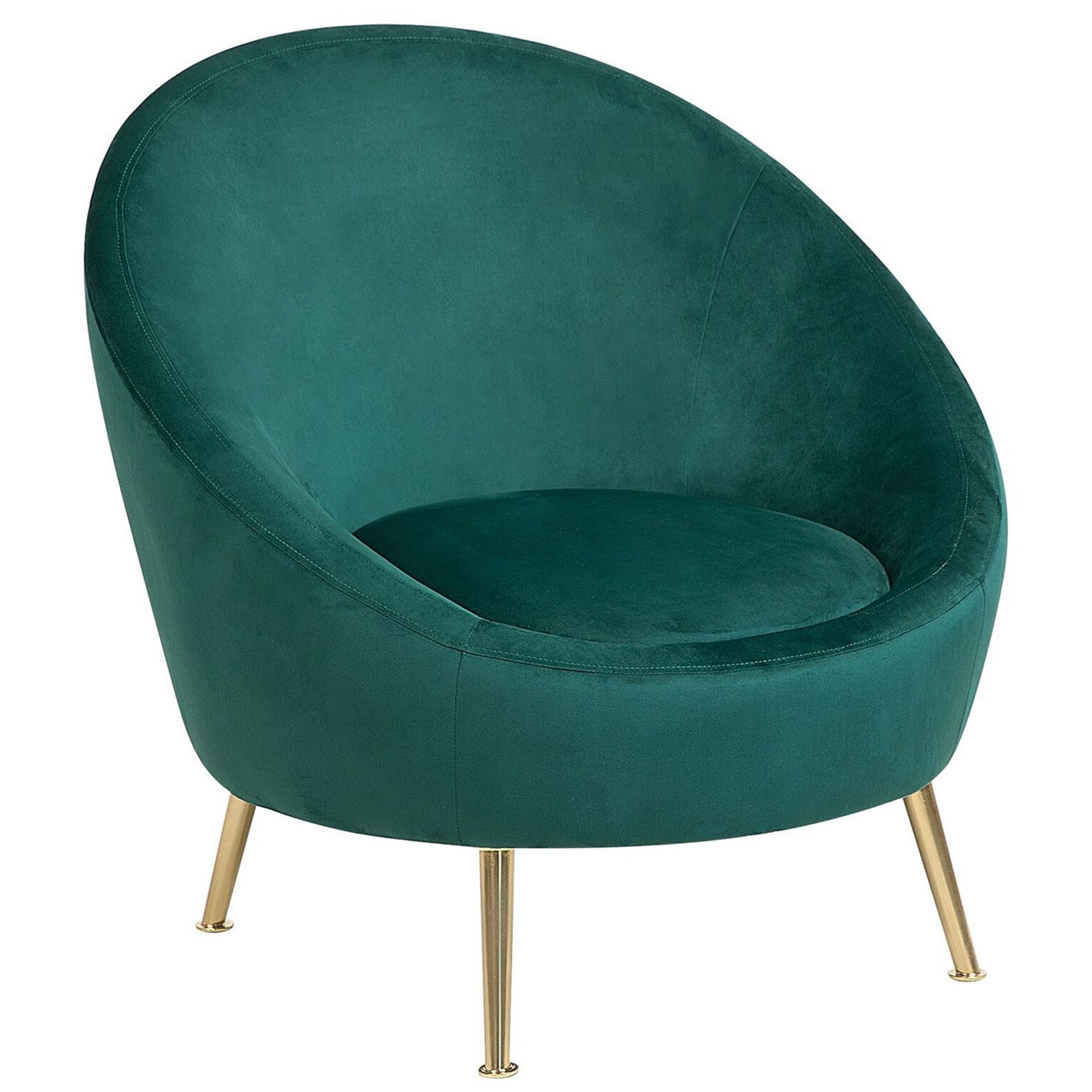 Beliani Tub Chair Green Velvet 76L x 80W x 81H cm Accent Gold Legs Glam Retro