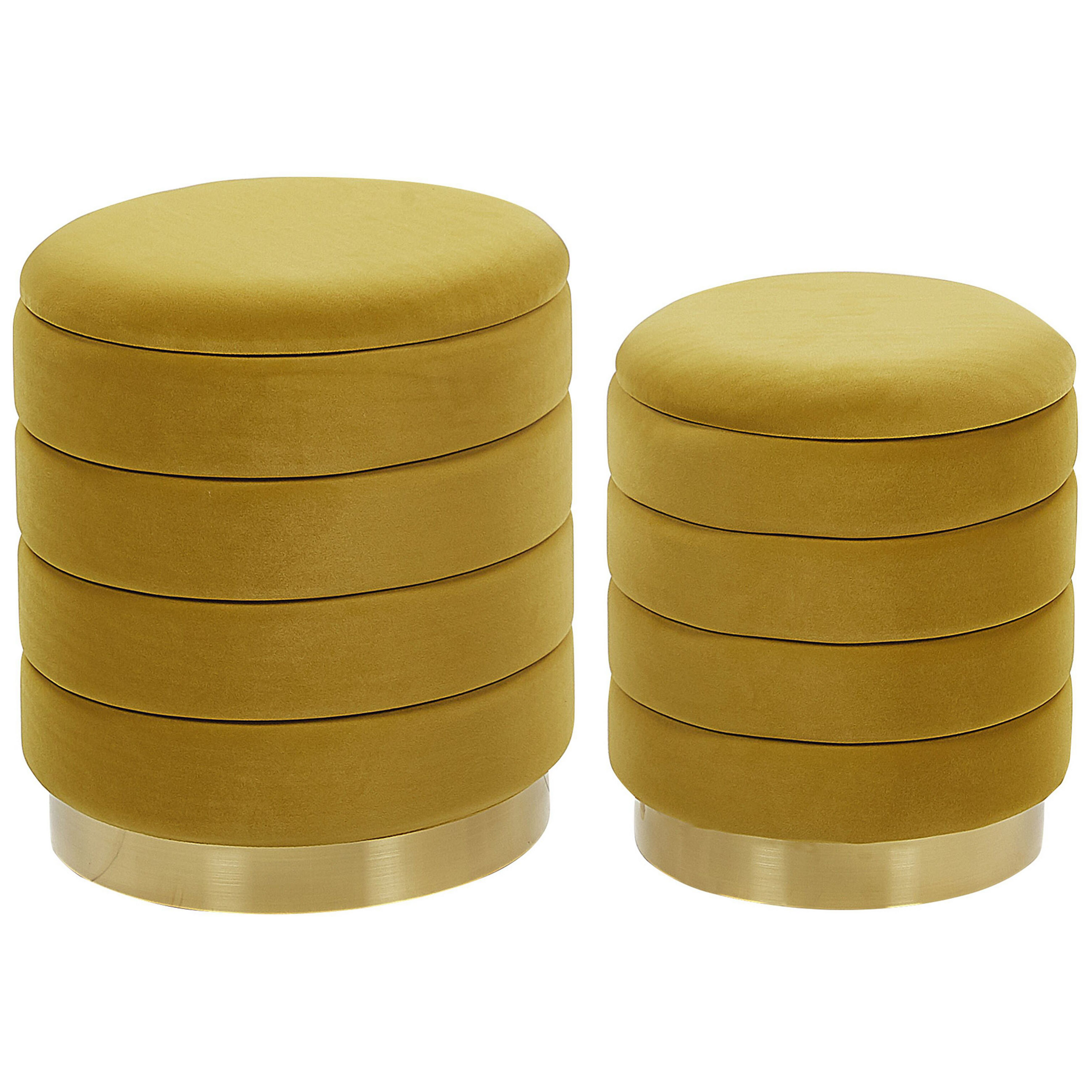 Beliani Set of 2 Storage Pouffes with Storage Yellow Polyester Velvet Upholstery Gold Stainless Steel Base Modern Design