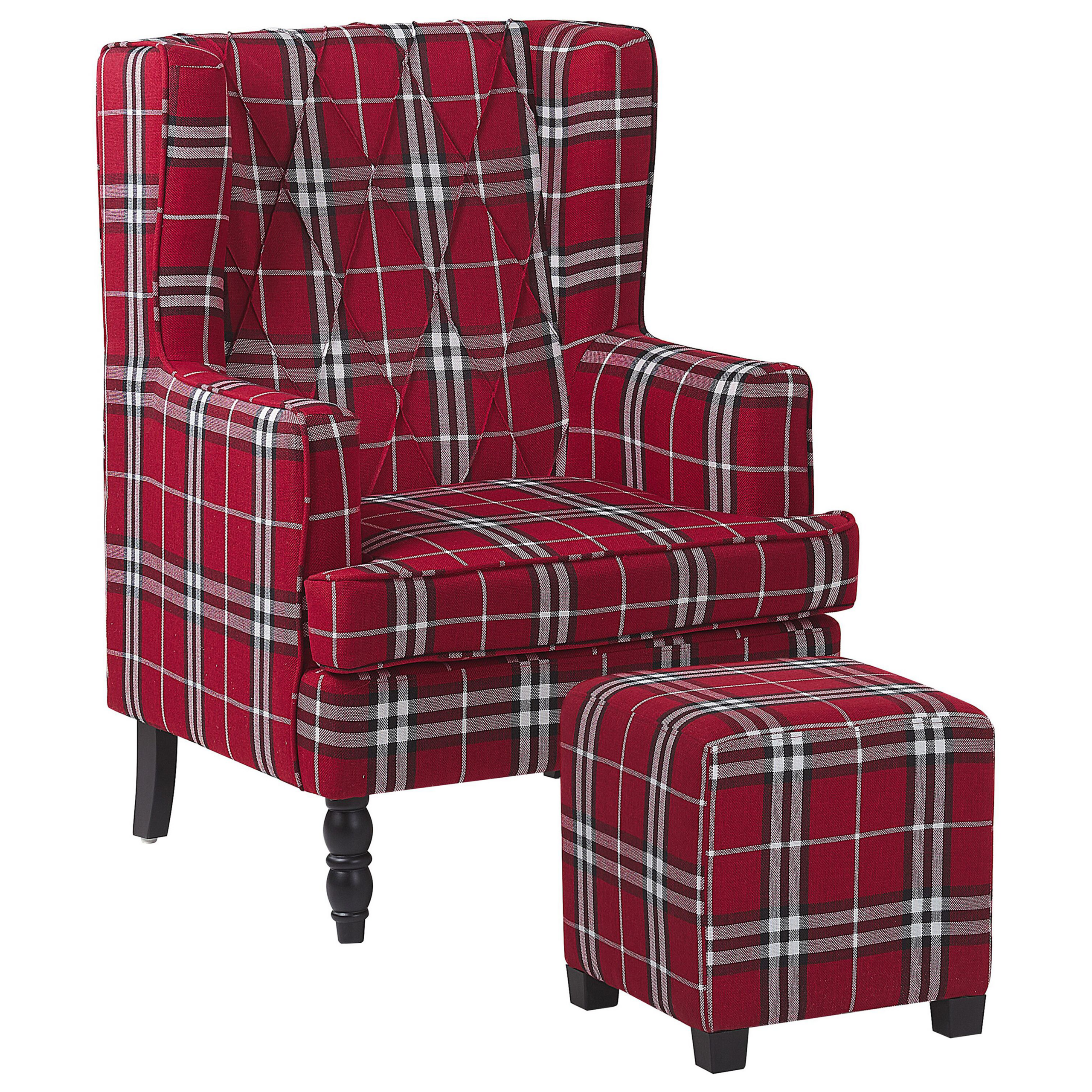 Beliani Armchair with Footstool Red and Black Chequered Pattern Fabric Wooden Legs Wingback Style