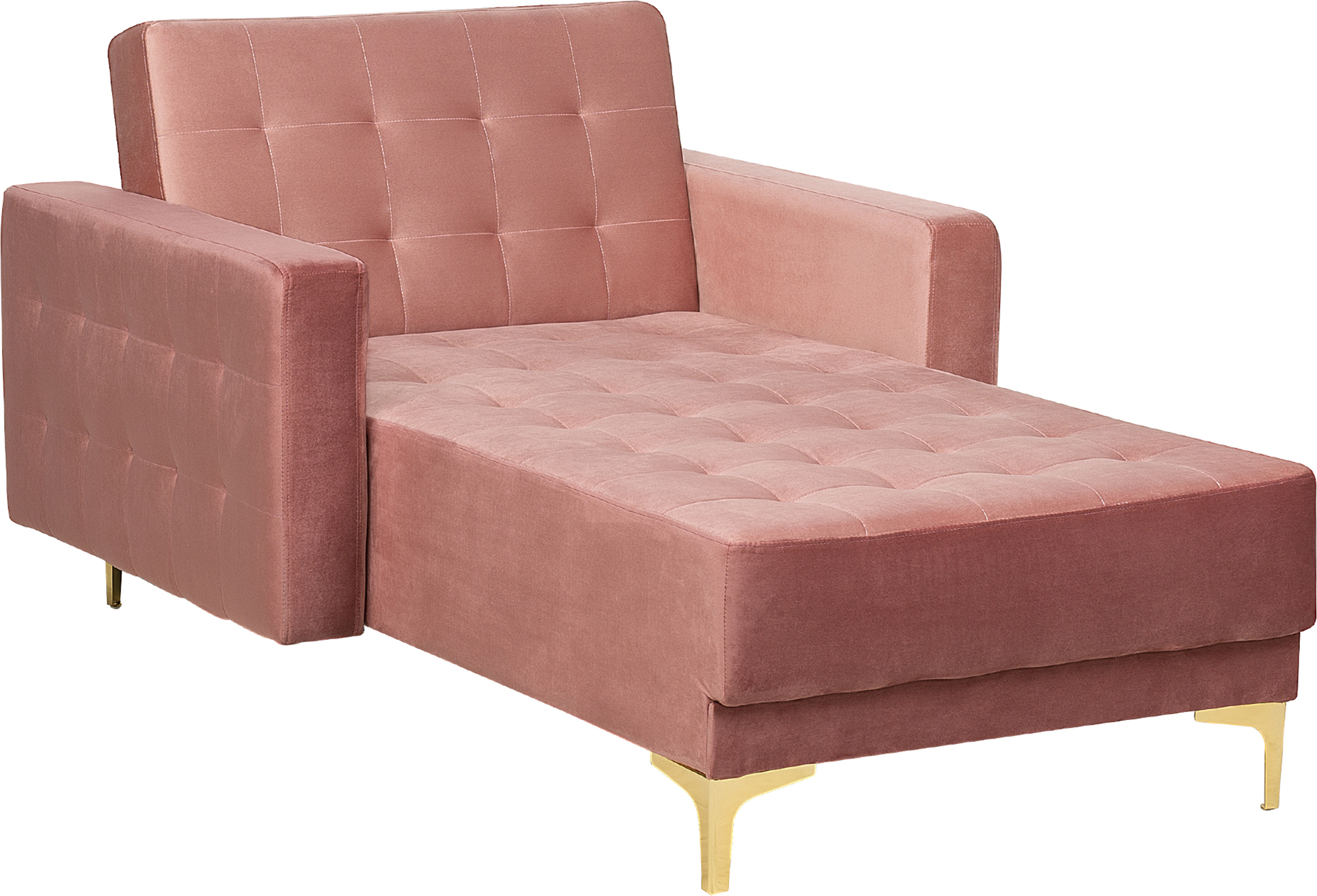 Beliani Chaise Lounge Pink Velvet Tufted Fabric Modern Living Room Reclining Day Bed Gold Legs Track Arms