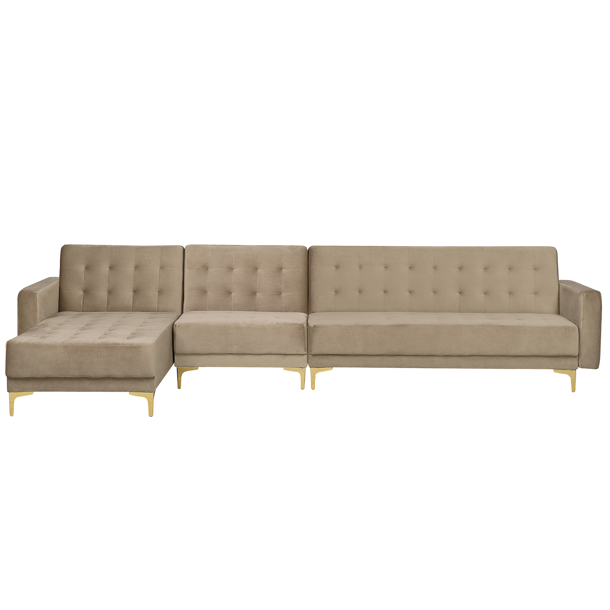 Beliani Corner Sofa Bed Beige Velvet Tufted Fabric Modern L-Shaped Modular 5 Seater Right Hand Chaise Longue