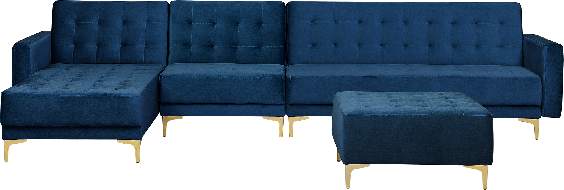 Beliani Corner Sofa Bed Navy Blue Velvet Tufted Fabric Modern L-Shaped Modular 5 Seater with Ottoman Right Hand Chaise Longue