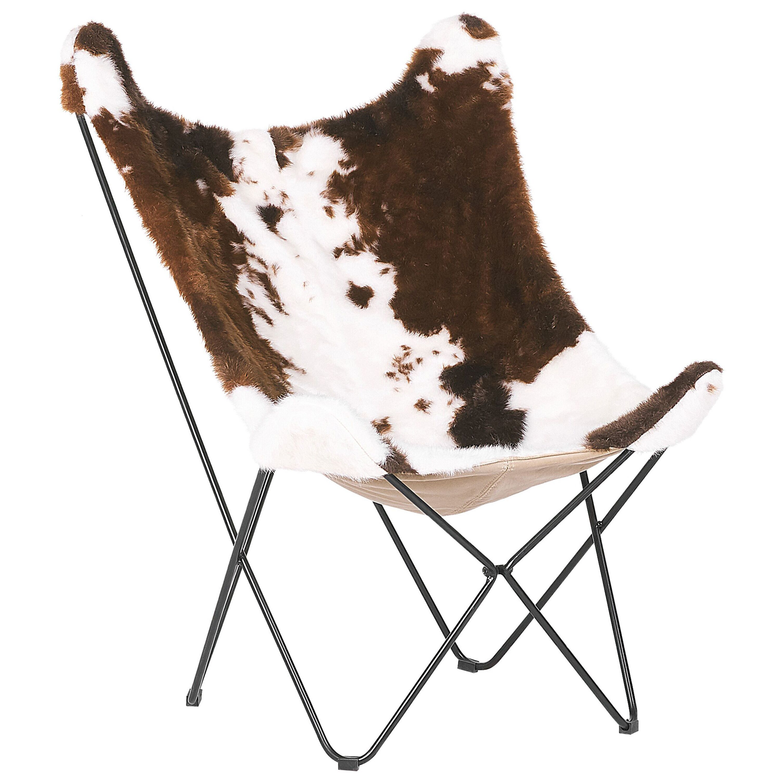 Beliani Armchair Brown with White Faux Fur Black Metal Hairpin Legs Butterfly Chair Cow Pattern Traditional Retro Living Room Bedroom