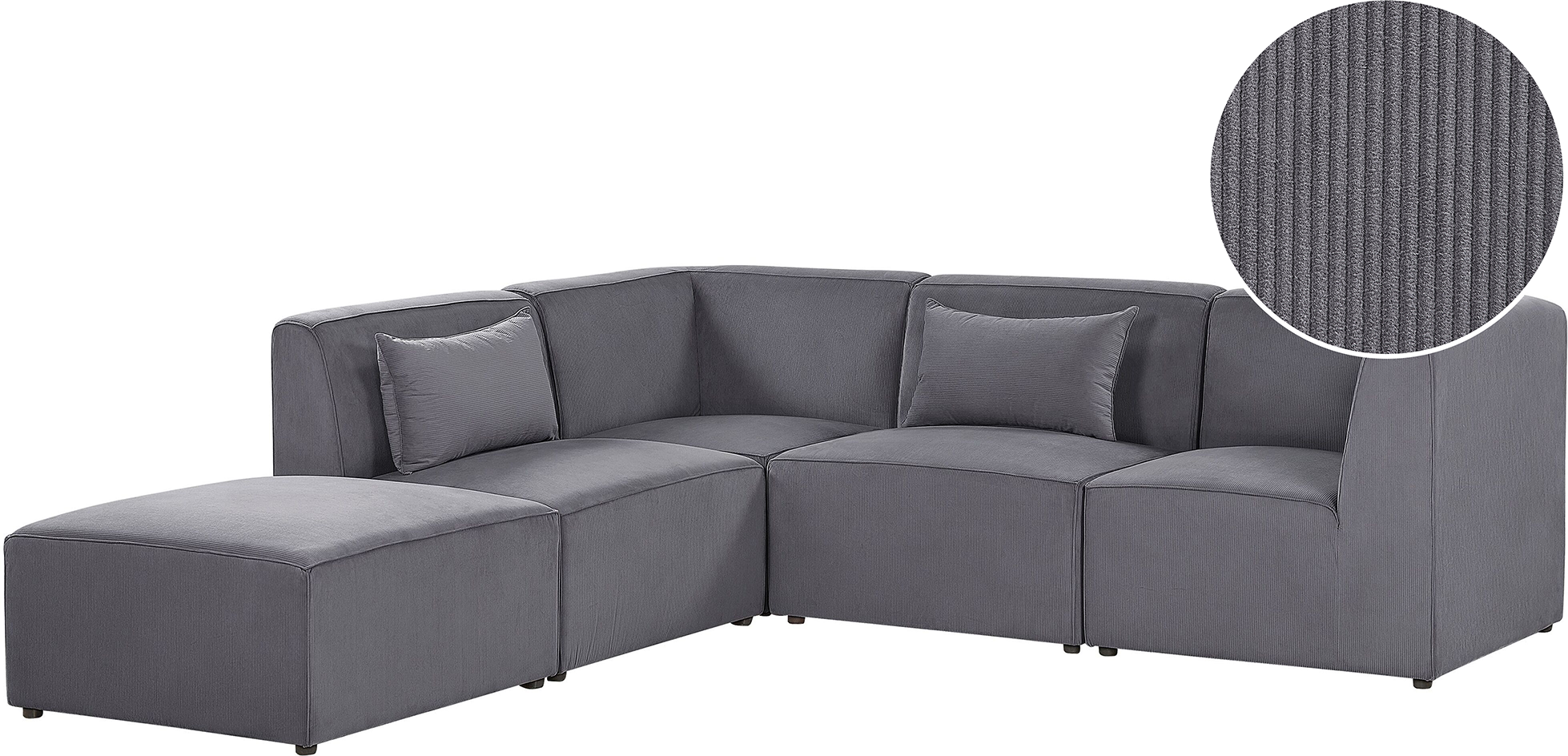 Beliani Modular Corner Sofa Grey Corduroy with Ottoman Right Hand 4 Seater Sectional Sofa L-Shaped Modern Design