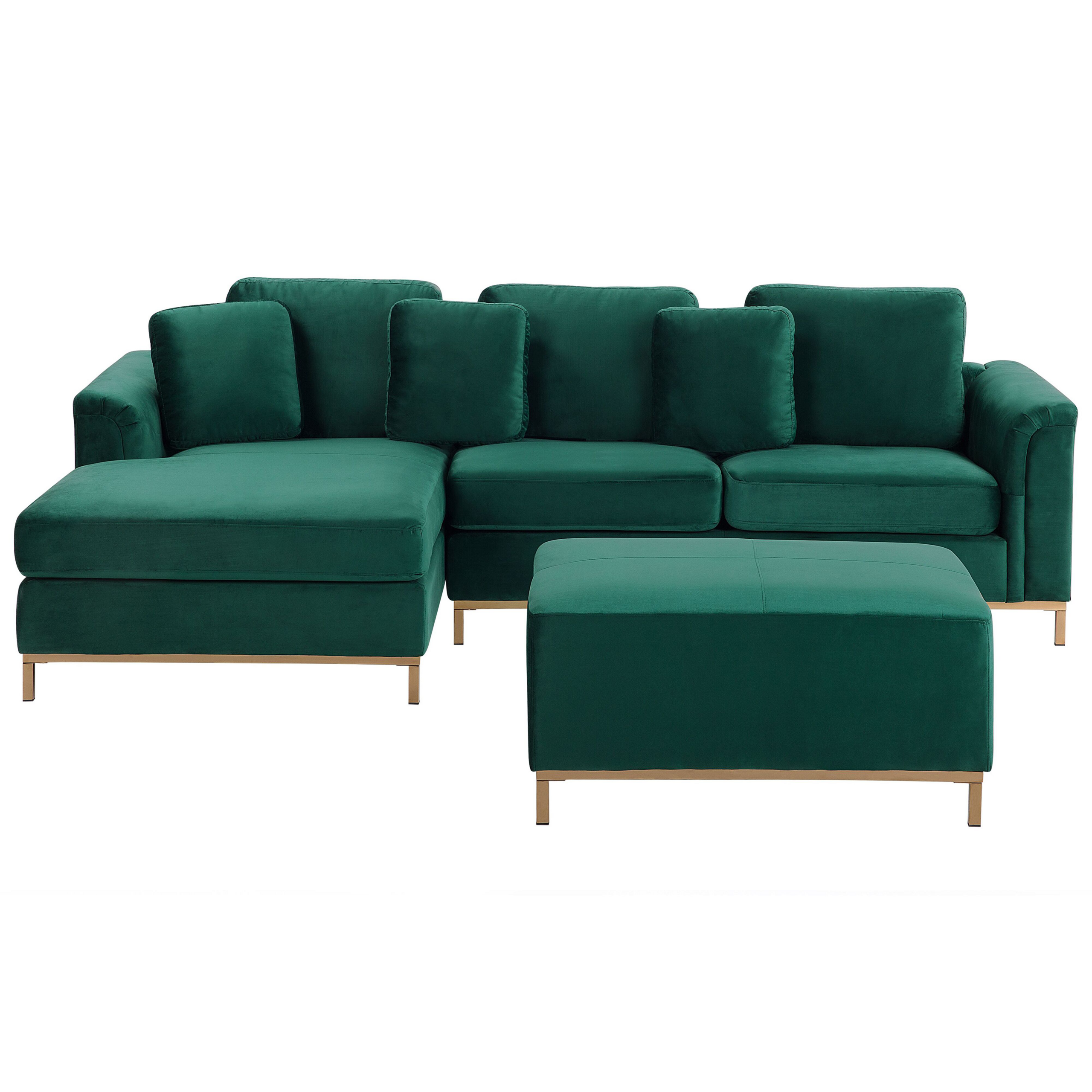 Beliani Corner Sofa Green Velvet Upholstered with Ottoman L-shaped Right Hand Orientation