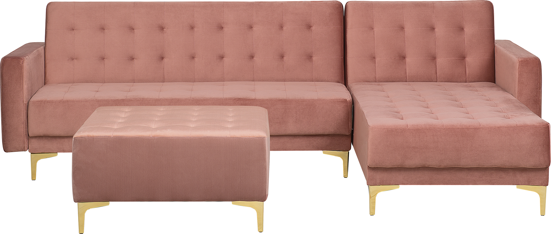 Beliani Corner Sofa Bed Pink Velvet Tufted Fabric Modern L-Shaped Modular 4 Seater with Ottoman Left Hand Chaise Longue