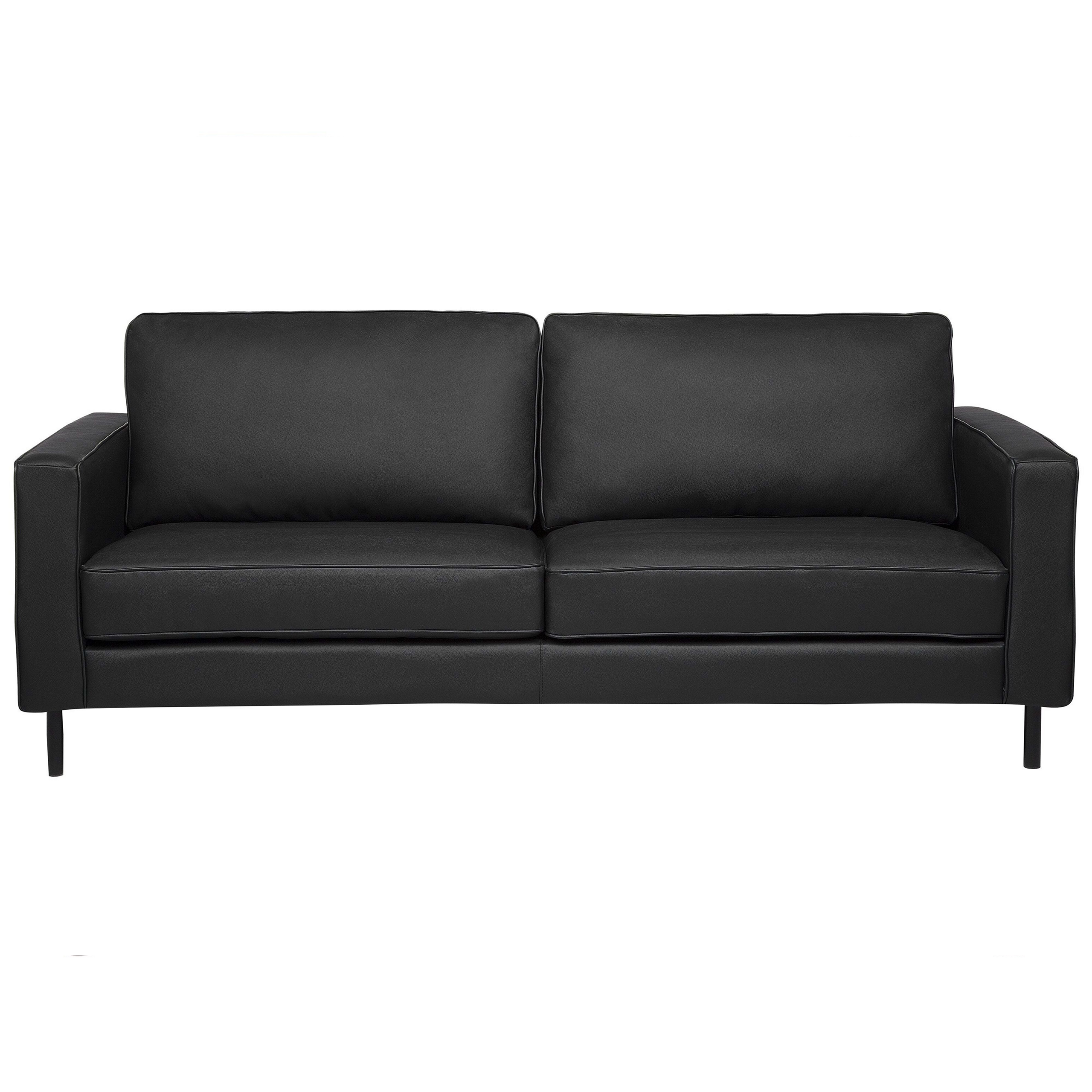 Beliani Sofa Black Leather 3 Seater Metal Legs Upholstered Back Minimalist Modern