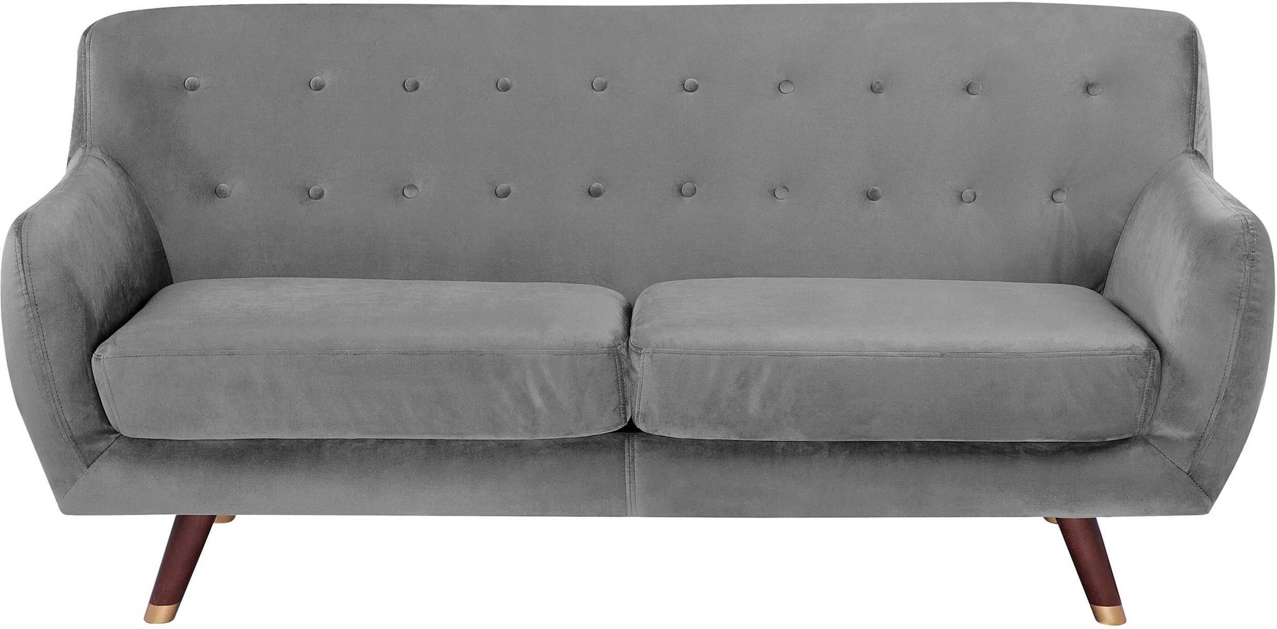 Beliani Sofa Grey Velvet 3 Seater Button Tufted Back Cushioned Seat Wooden Legs