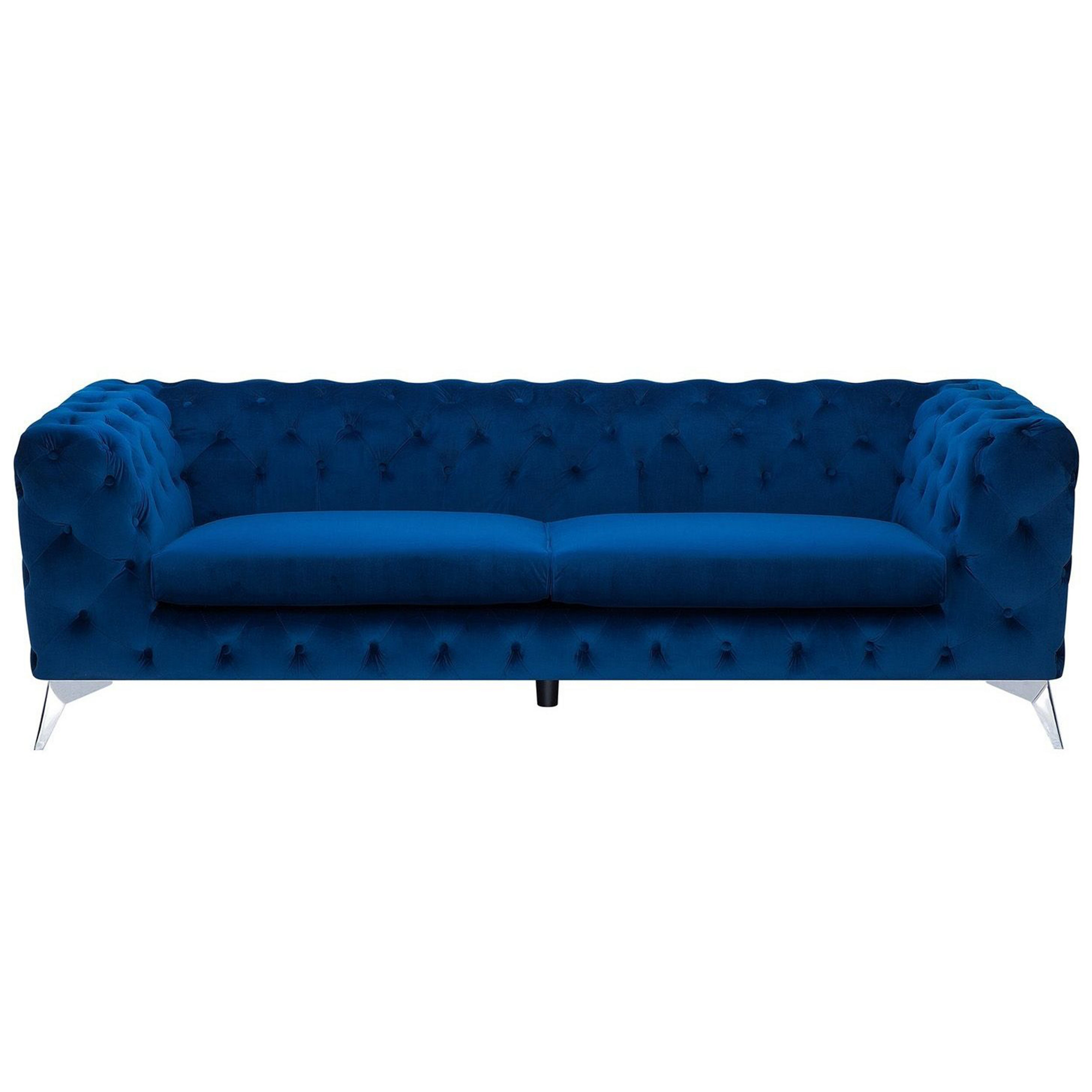 Beliani 3 Seater Sofa Blue Velvet Chesterfield Style Low Back