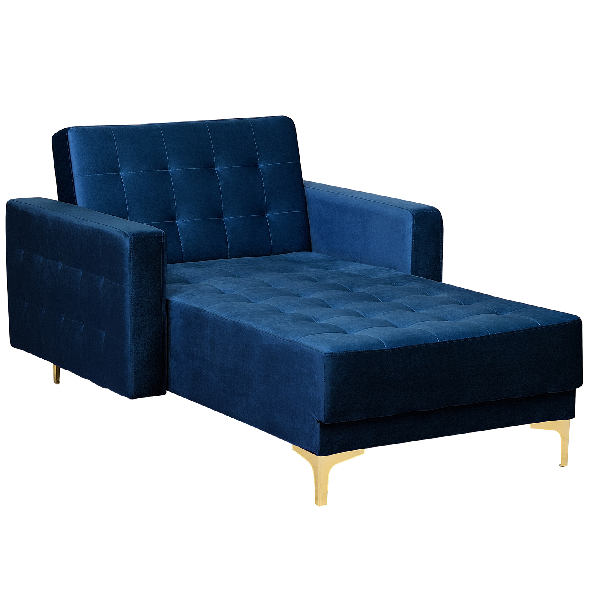 Beliani Chaise Lounge Navy Blue Velvet Tufted Fabric Modern Living Room Reclining Day Bed Gold Legs Track Arms