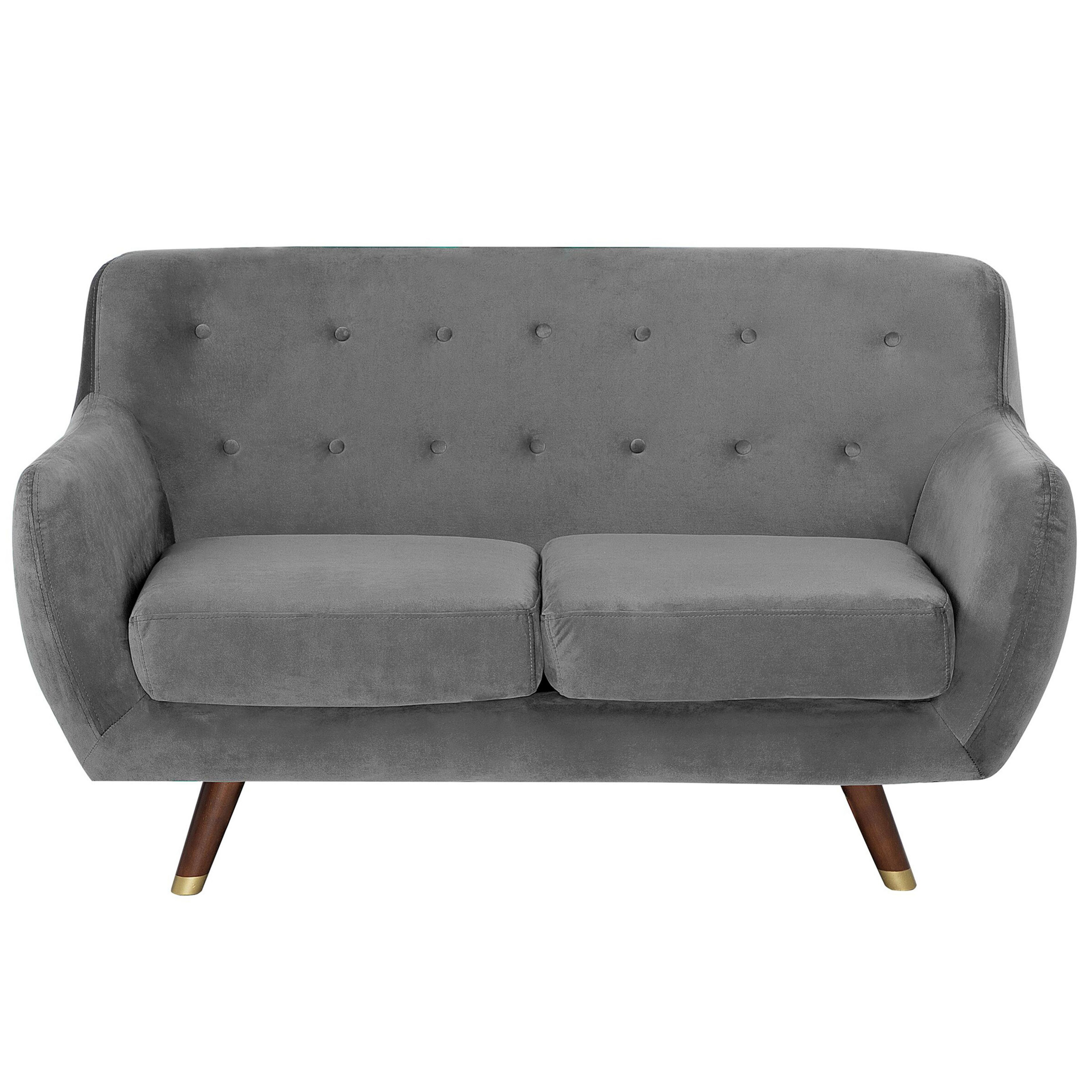 Beliani Sofa Grey Velvet 2 Seater Button Tufted Back Cushioned Seat Wooden Legs