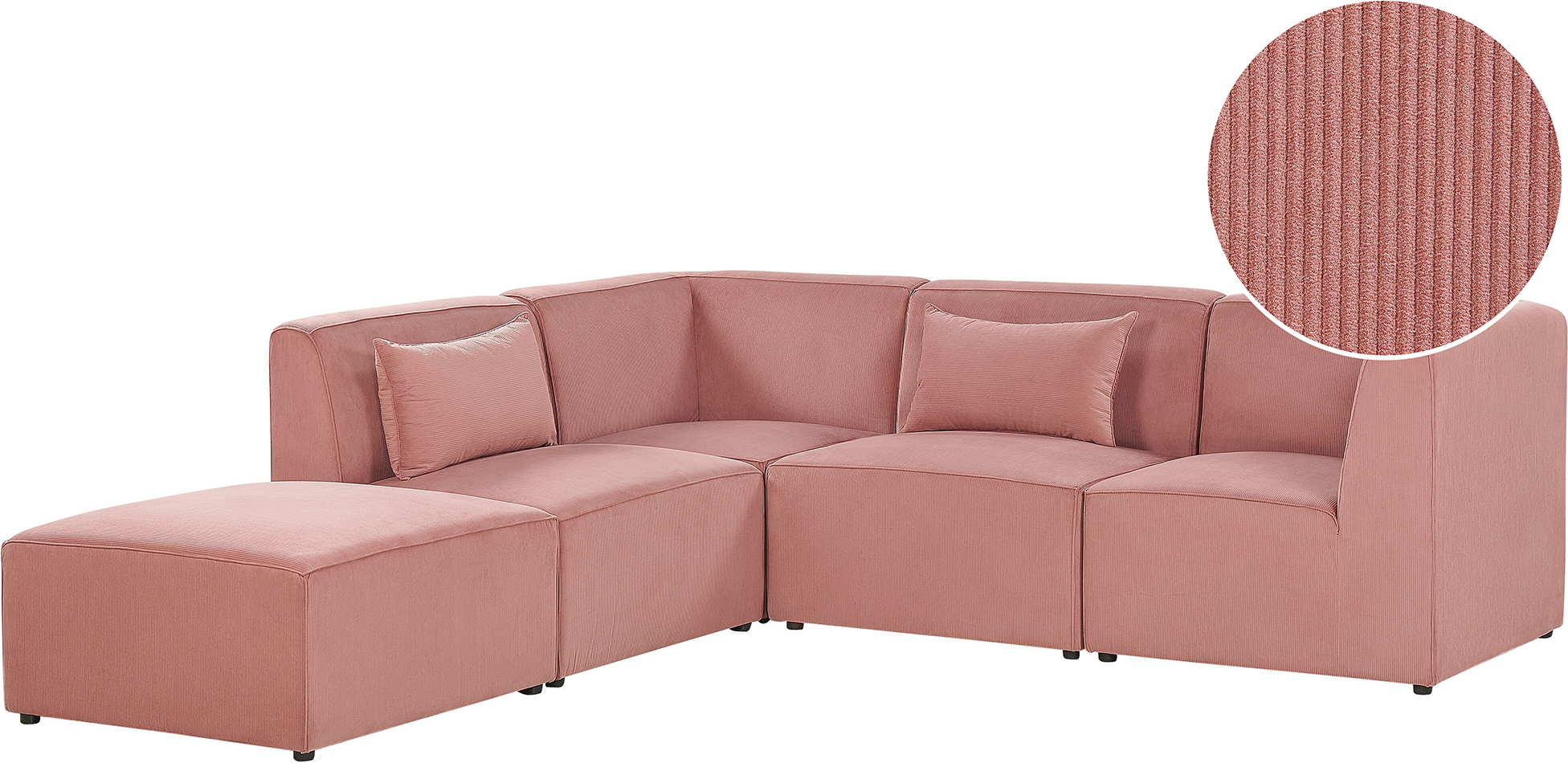 Beliani Modular Corner Sofa Pink Corduroy with Ottoman Right Hand 4 Seater Sectional Sofa L-Shaped Modern Design