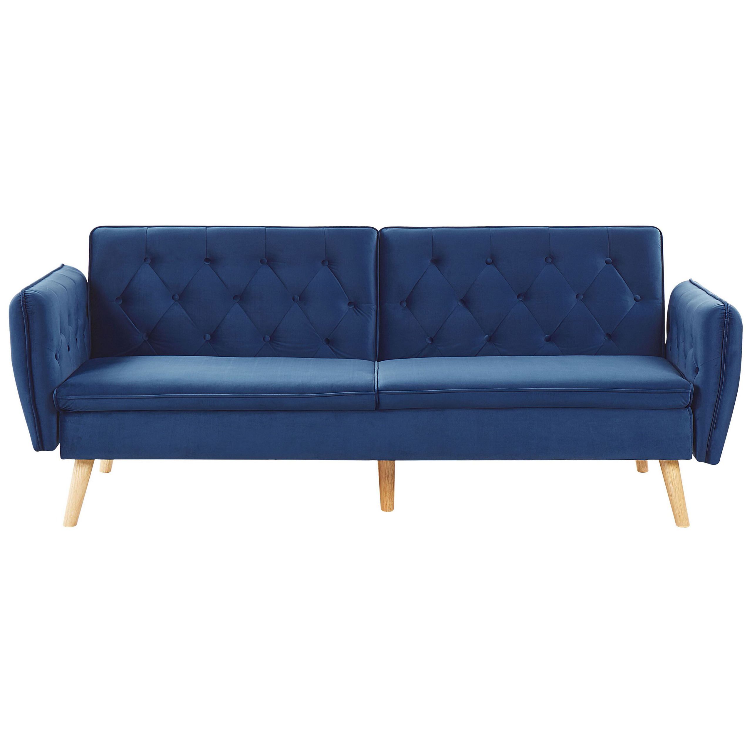 Beliani Sofa Bed Navy Blue Velvet Upholstered Convertible Couch Modern Design Buttoned Backrest