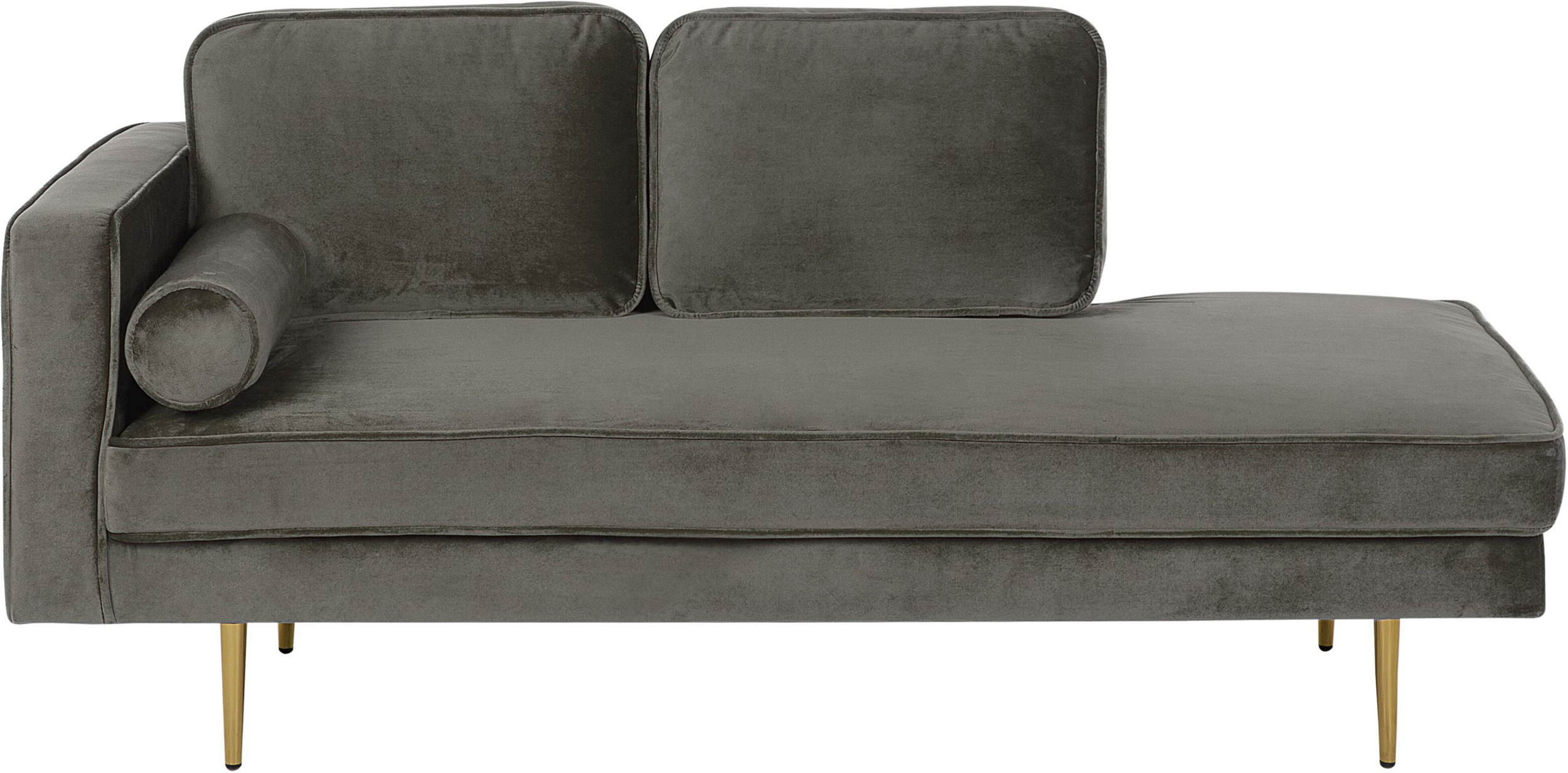 Beliani Chaise Lounge Taupe Velvet Upholstered Left Hand Orientation Metal Legs Bolster Pillow Modern Design