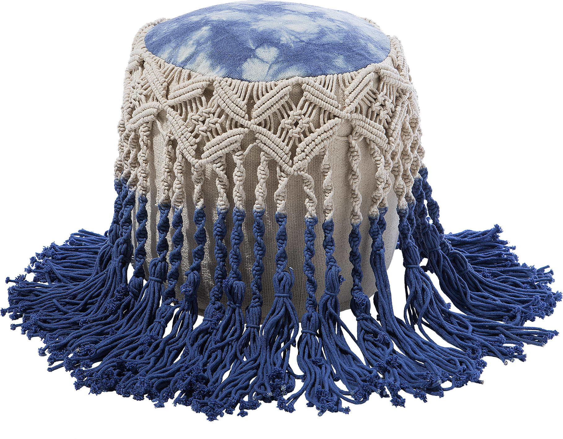 Beliani Pouffe Blue and White Cotton Braided Tassels Boho Rustic