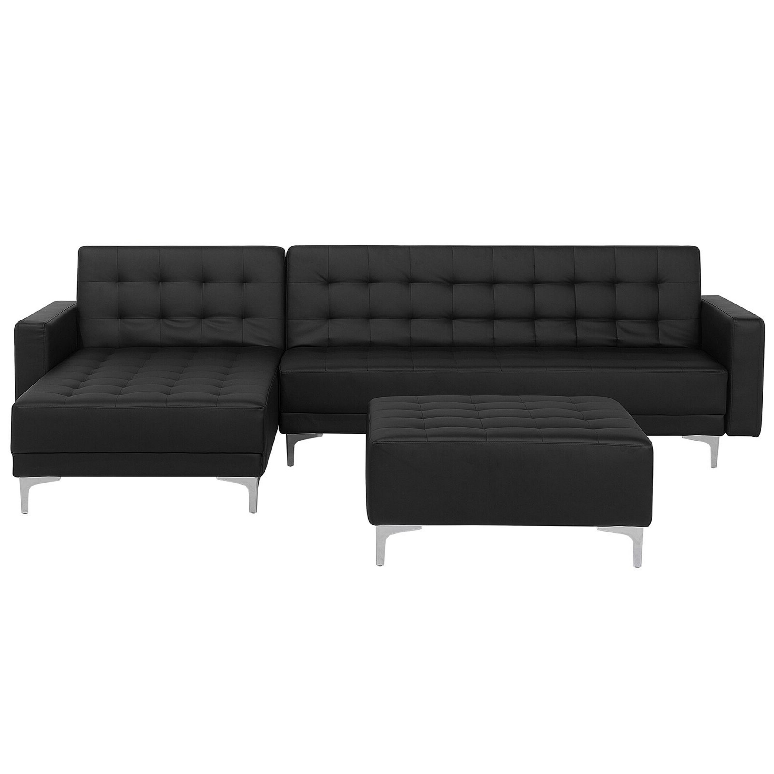 Beliani Corner Sofa Bed Black Faux Leather Tufted Modern L-Shaped Modular 4 Seater with Ottoman Right Hand Chaise Longue