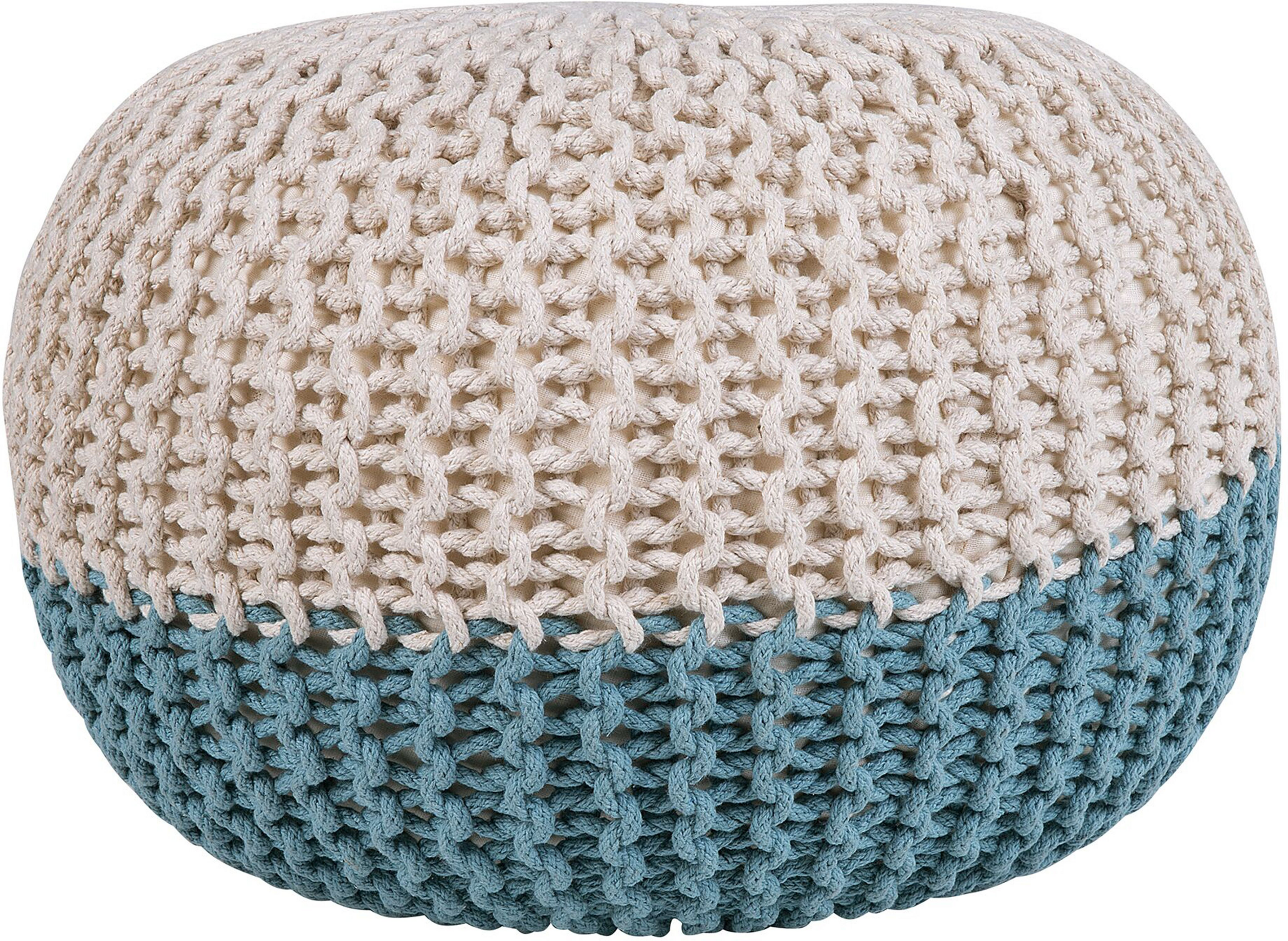 Beliani Pouf Ottoman Yellow Beige Knitted Cotton EPS Beads Filling Round Small Footstool 40 x 25 cm