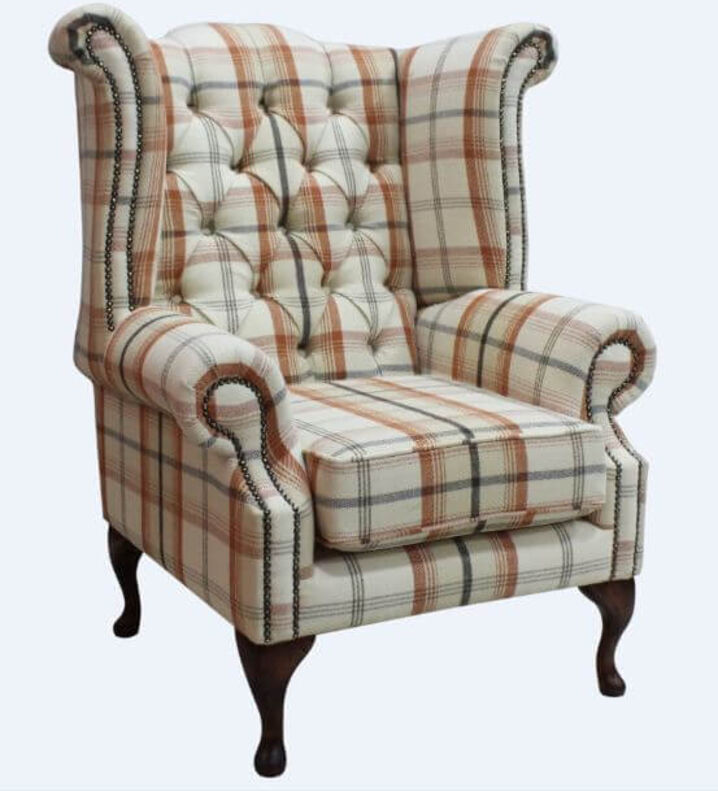 Designer Sofas 4U Chesterfield Queen Anne Wing Chair High Back Armchair Balmoral Autumn Checked Fabric P&amp;S