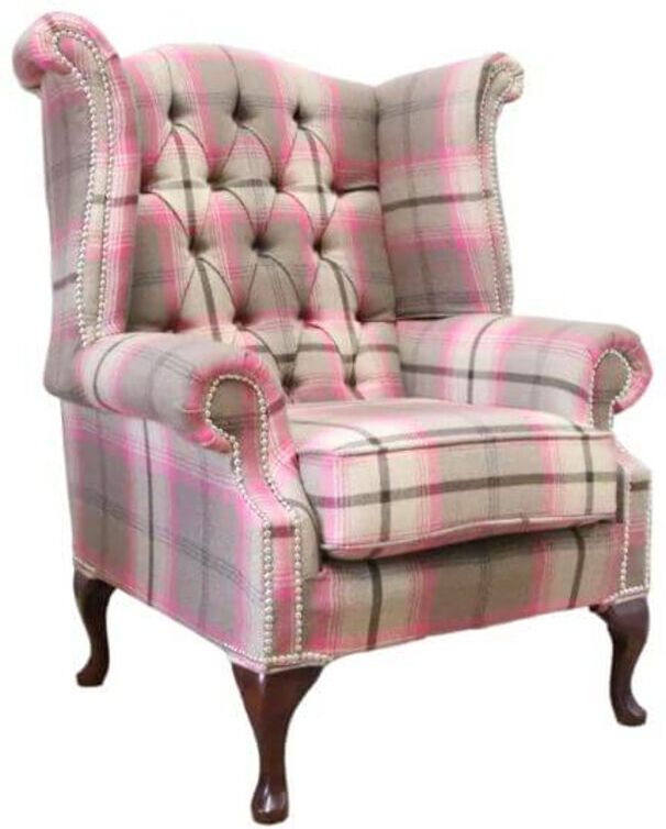 Designer Sofas 4U Chesterfield Queen Anne Wing Chair High Back Armchair Balmoral Fuchsia Checked Fabric P&amp;S