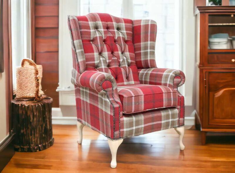 Designer Sofas 4U Chesterfield Queen Anne Wing Chair High Back Armchair Balmoral Red Checked Fabric P&amp;S