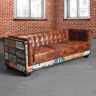 Homary Vintage Industrial Loft 3-Seater Sofa Tufted Brown Faux Leather Upholstered Sofa