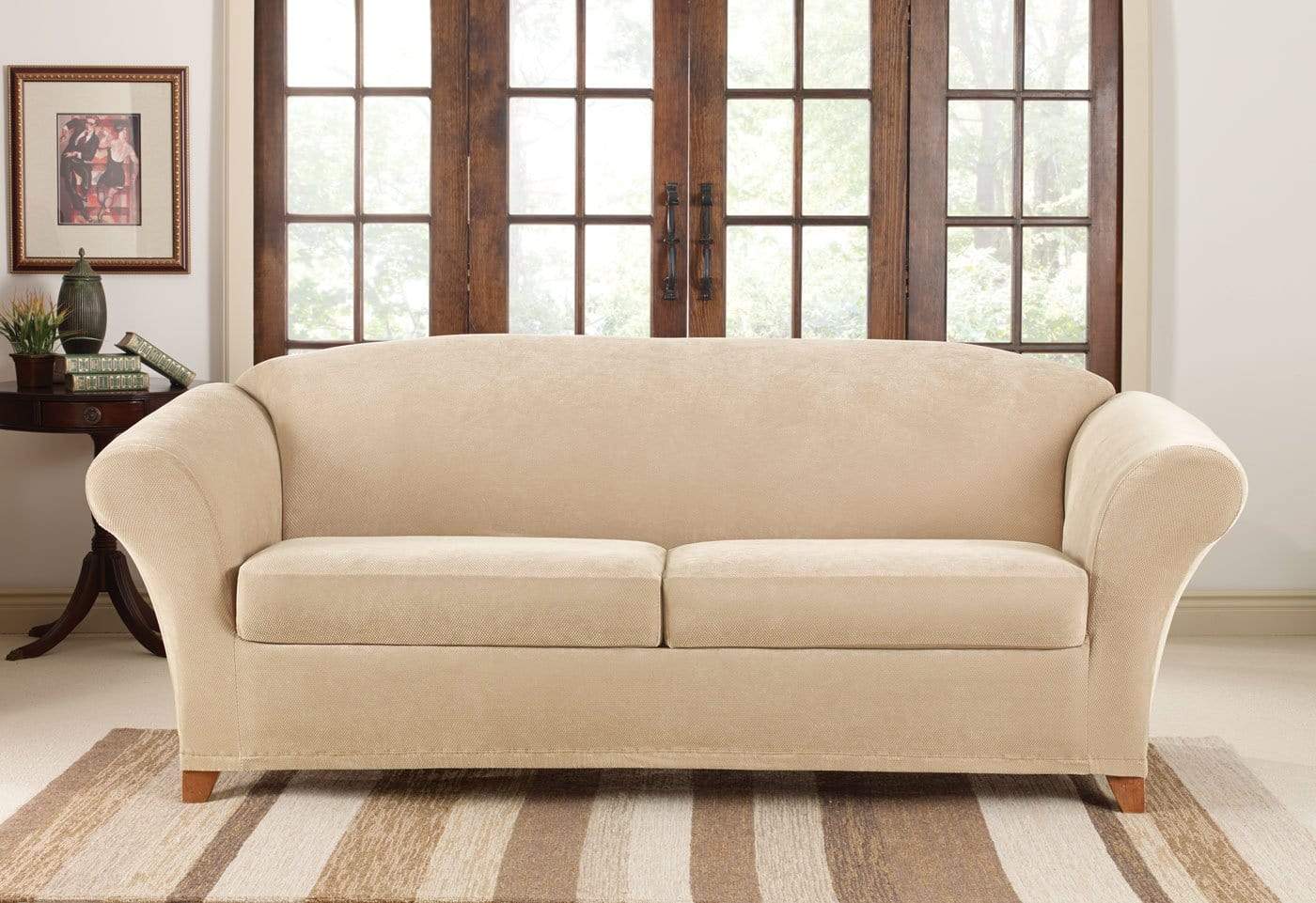 SureFit Stretch Piqué Three Piece Sofa Slipcover   Form-Fitting   Individual Cushion Covers   Machine Washable in Cream