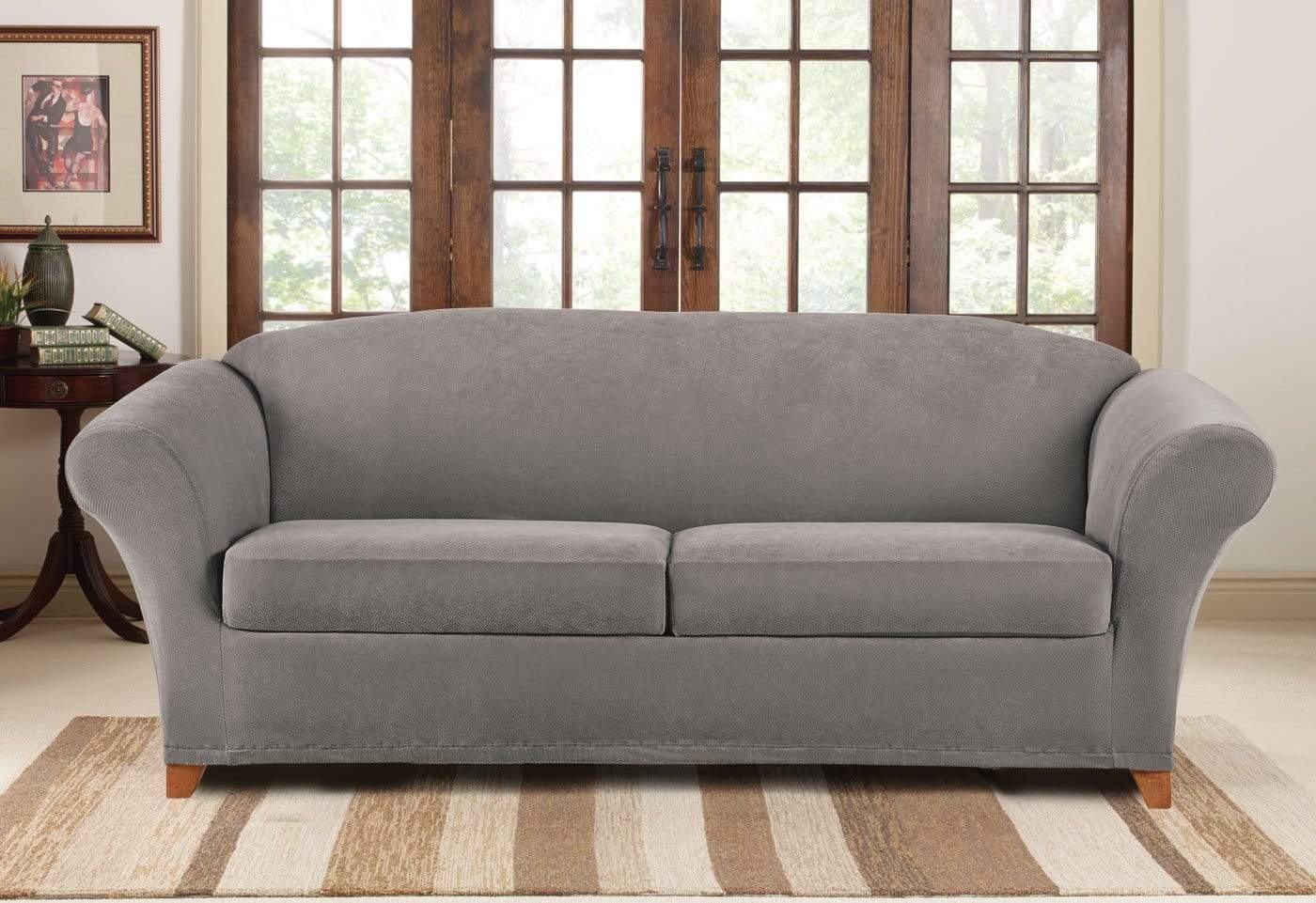 SureFit Stretch Piqué Three Piece Sofa Slipcover   Form-Fitting   Individual Cushion Covers   Machine Washable in Flannel Grey